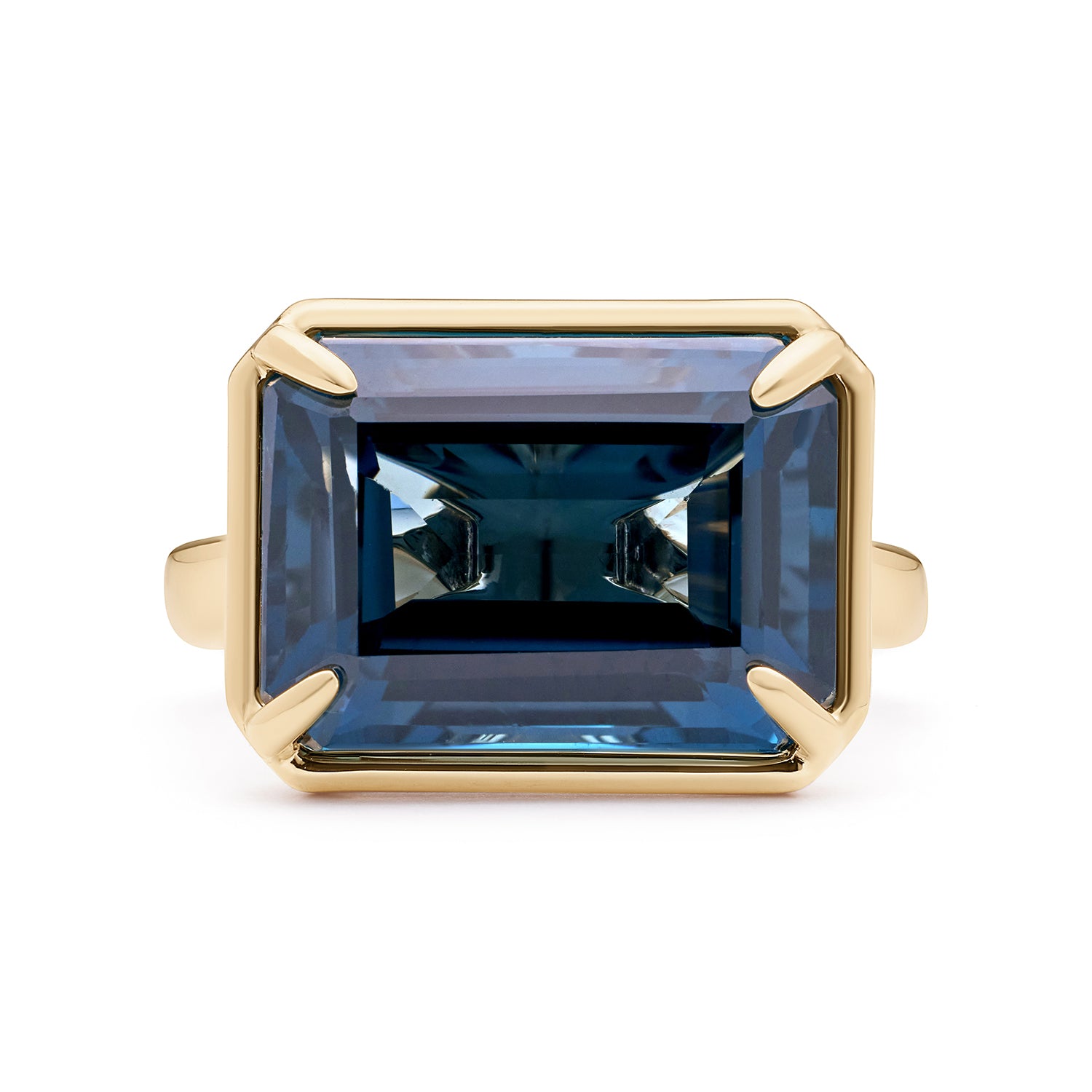 14ct London blue topaz bold statement ring in 9k yellow gold, horizontal Horizon design with Faros band