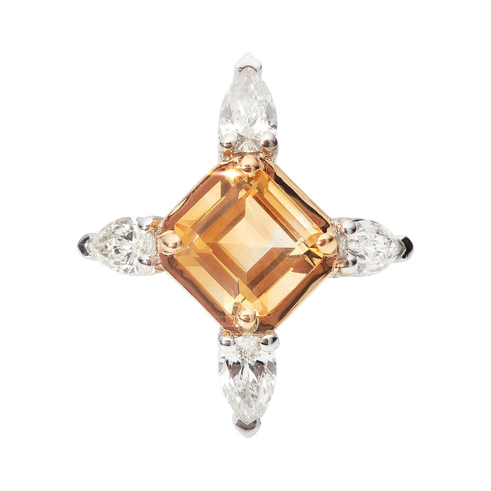 Faith Jewels Manifest Ring featuring a 2ct emerald-cut citrine framed by pear-cut diamonds at each corner, set in 18k white gold