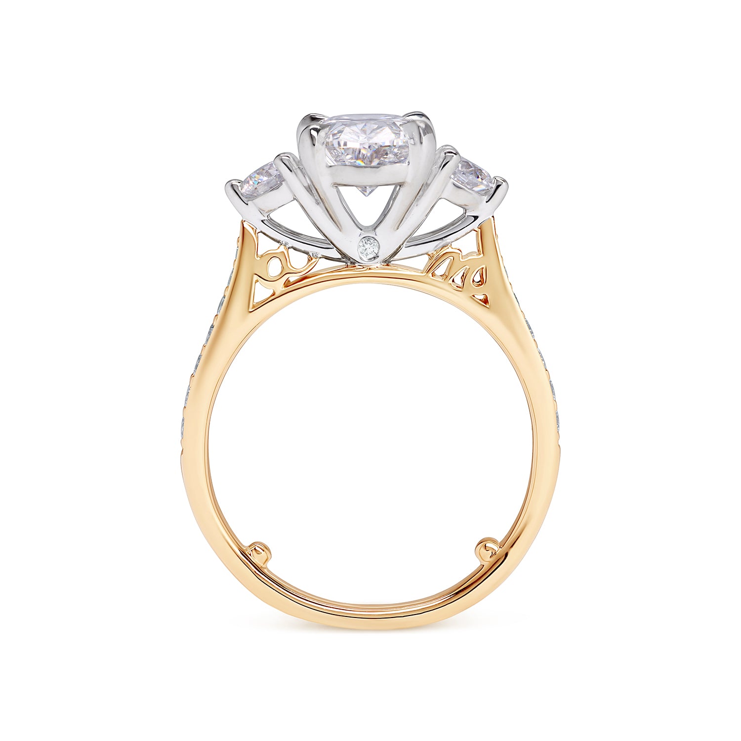 Faith Jewels Michaela ring oval-cut diamond engagement ring featuring two round side stones, a pavé yellow gold band, and custom initials