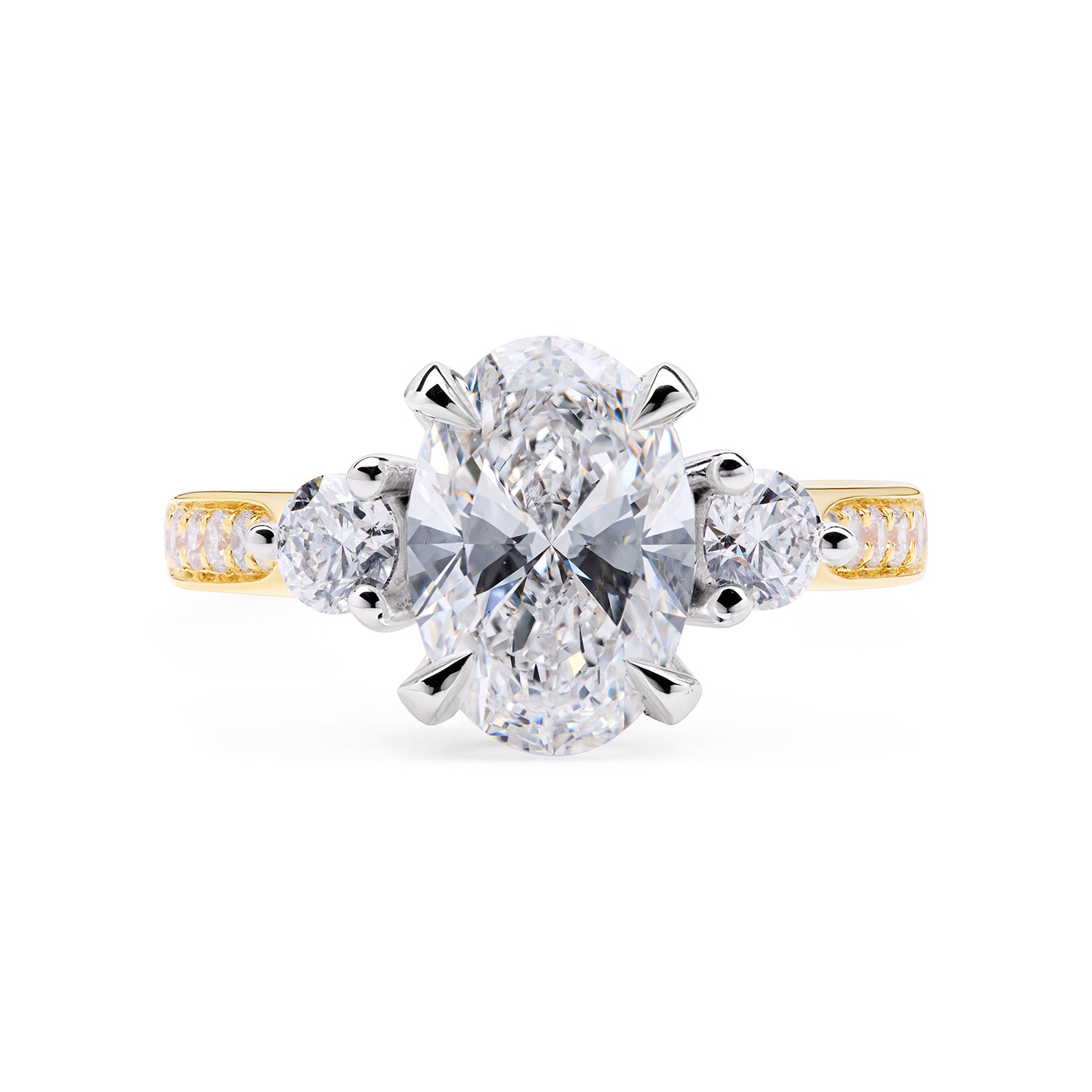 Faith Jewels Michaela ring oval-cut diamond engagement ring with two round side stones and a pavé yellow gold band