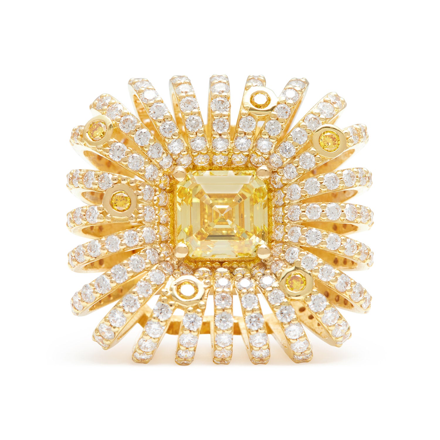 Faith Jewels Mirragio yellow diamond ring with cascading diamonds radiating from a central yellow diamond, inspired by Egyptian and Italian heritage