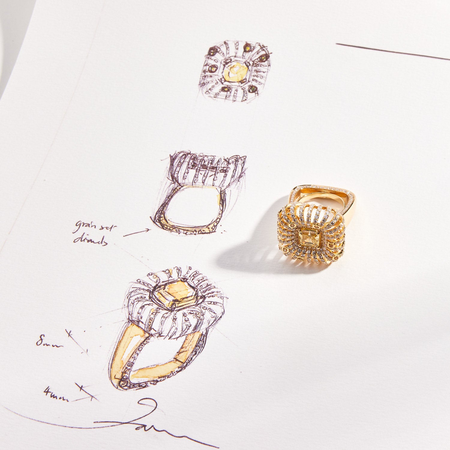 Faith Jewels Mirragio yellow diamond ring with cascading diamonds radiating from a central yellow diamond, inspired by Egyptian and Italian heritage