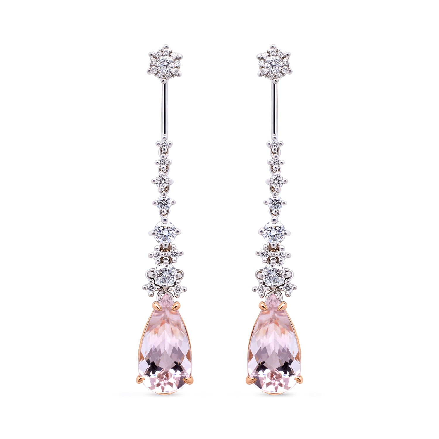 Faith Jewels Diamond enhancers with 2ct pink pear-cut morganite drops, suspended from cascading diamonds in 18k white gold, designed to transform stud earrings