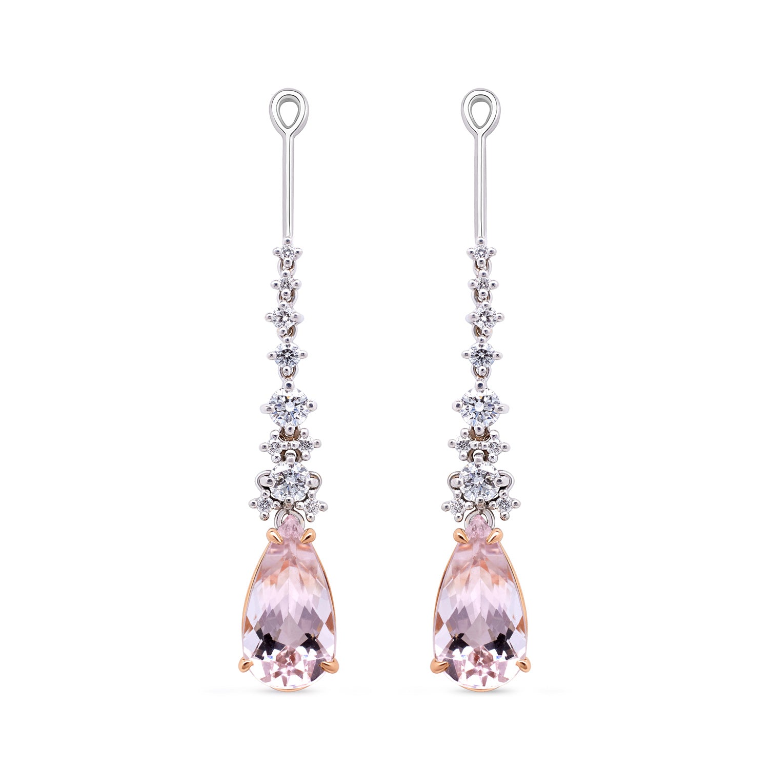Faith Jewels Diamond enhancers with 2ct pink pear-cut morganite drops, suspended from cascading diamonds in 18k white gold, designed to transform stud earrings