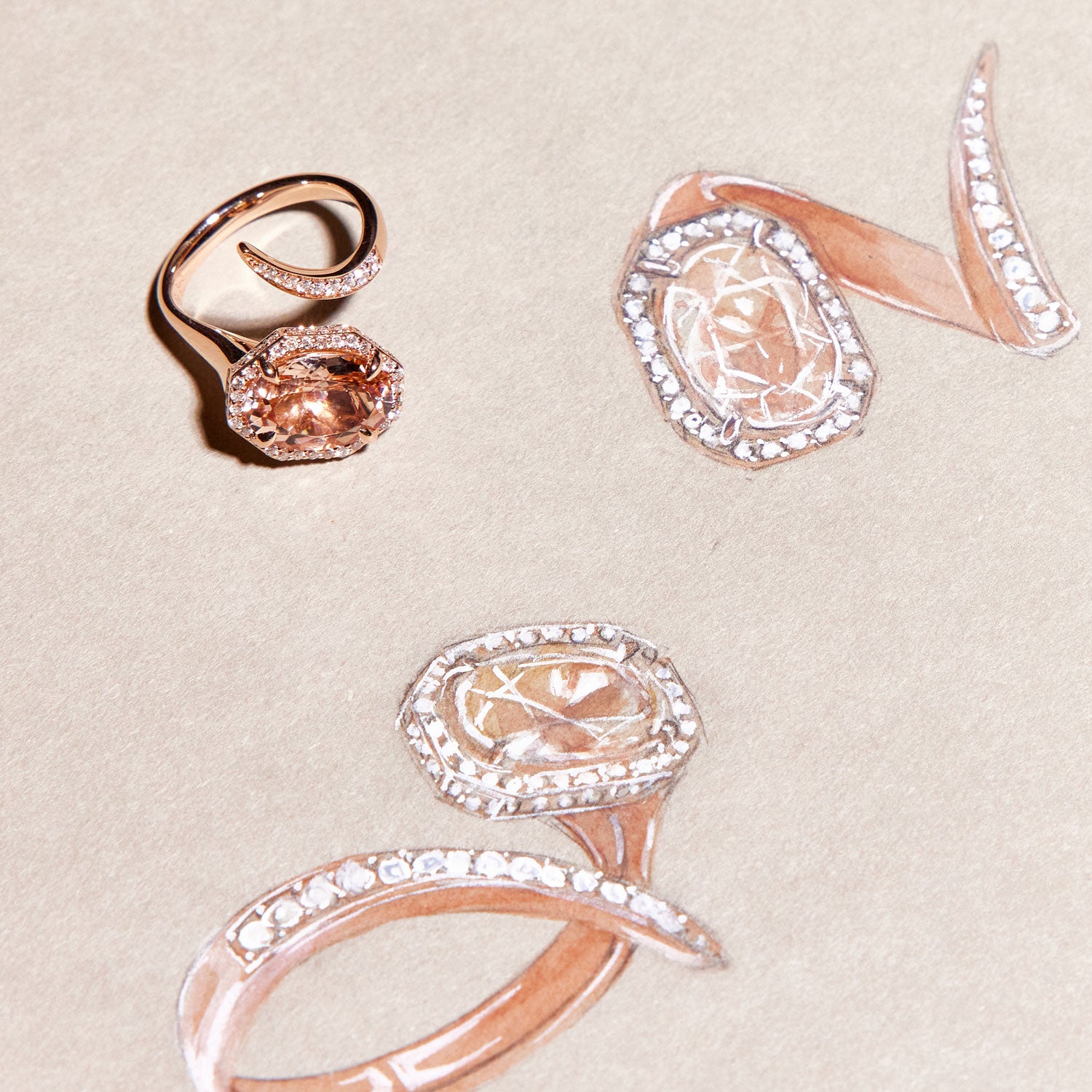 Faith Jewels Serpenti ring in 18k rose gold featuring a pink morganite center surrounded by a halo of white diamonds