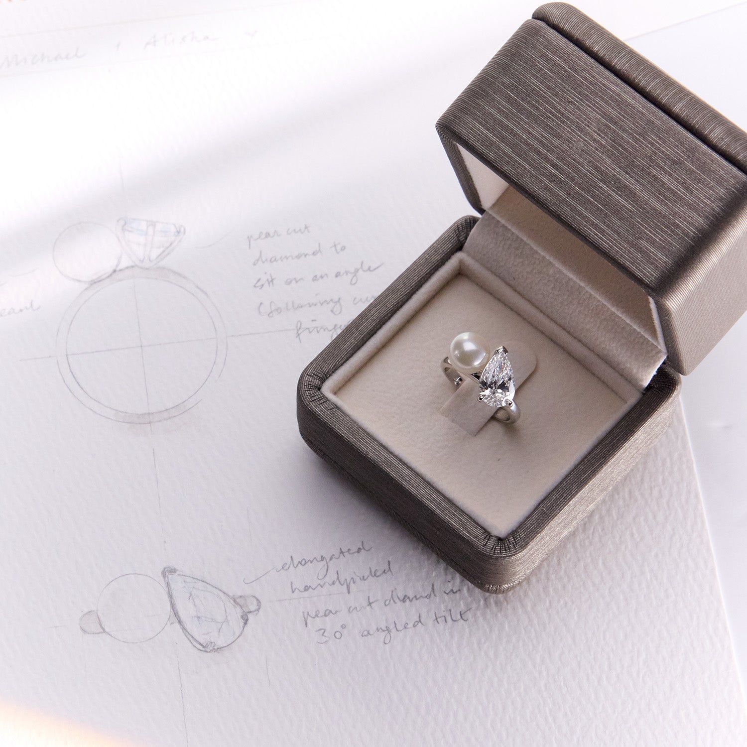 Unique Faith Jewels Toi Et Moi ring with a pear-cut diamond and hand-shucked pearl