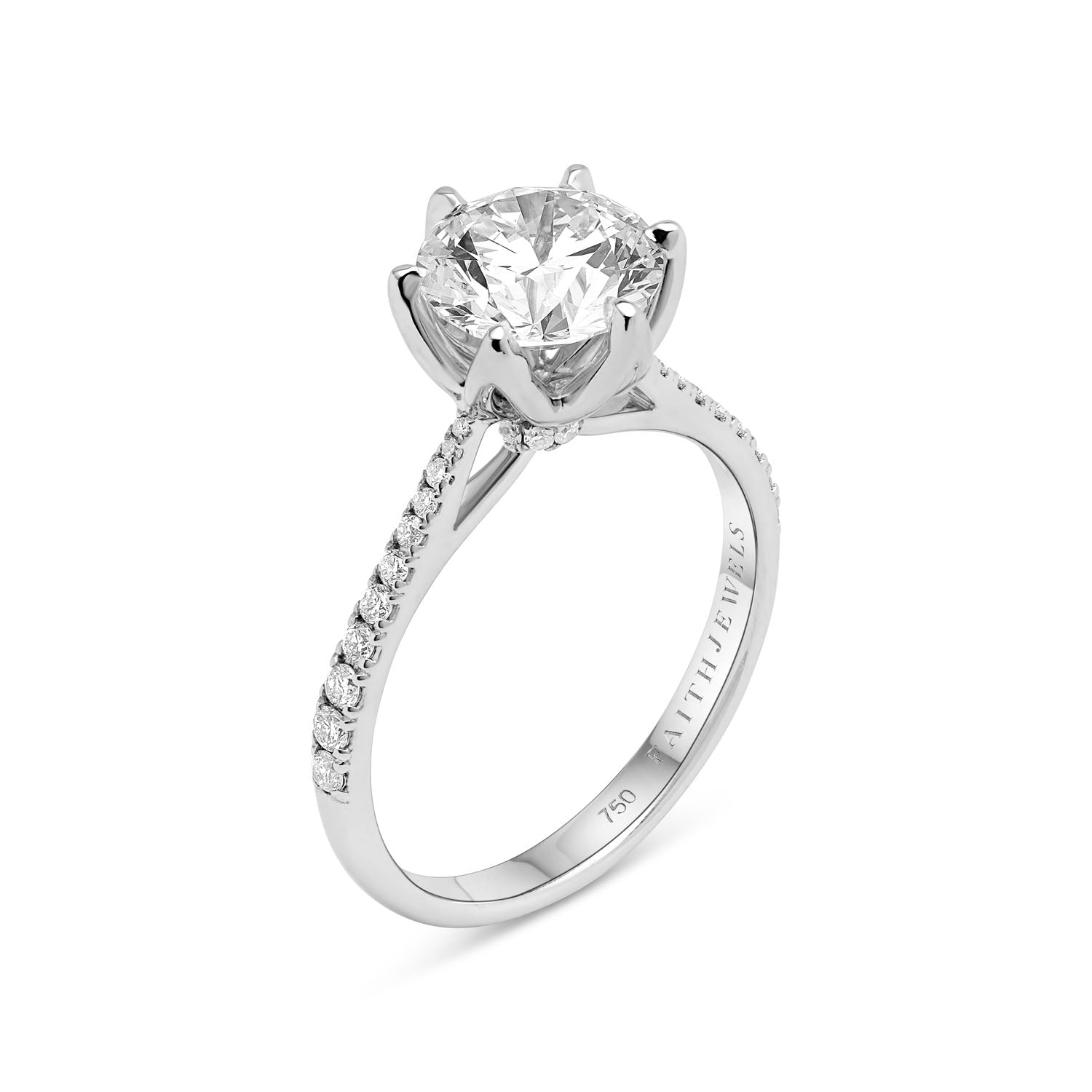 Faith Jewels Princess diamond engagement ring with a round-cut diamond solitaire held by six elegantly crafted claws