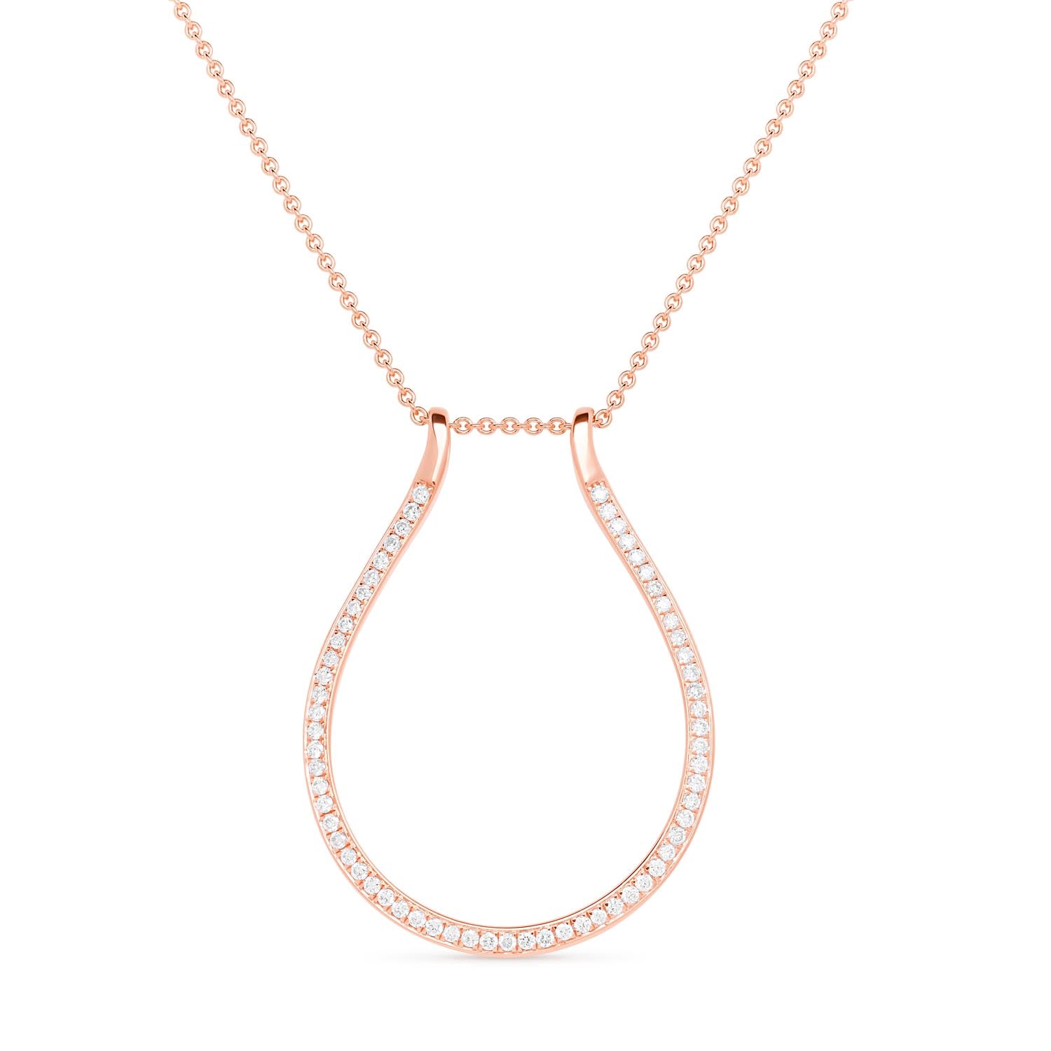 Faith Jewels 18k rose gold ring holder necklace with 0.50ct natural diamonds, featuring a dual-length trace chain and functional pendant for securing a ring