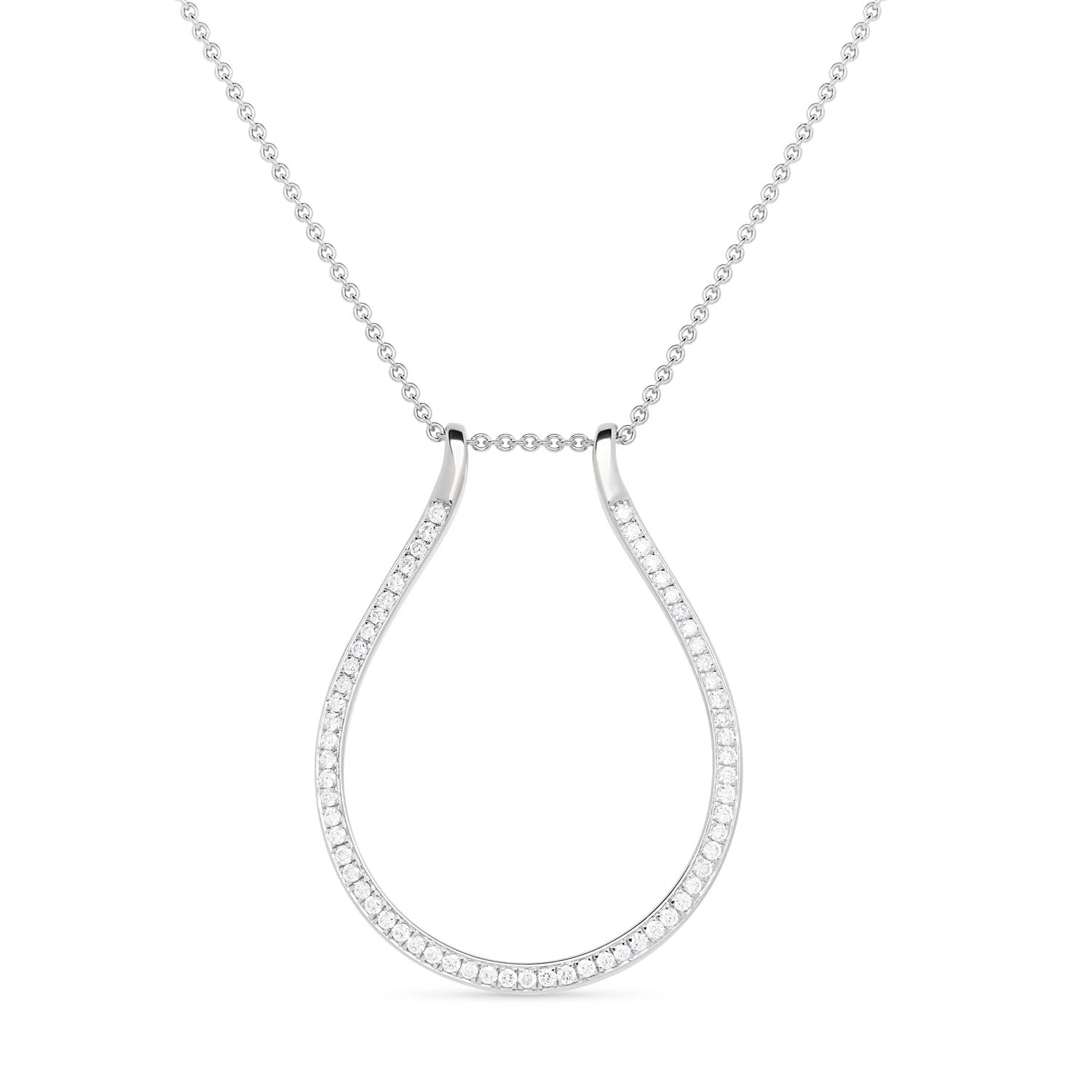Faith Jewels 18k white gold ring holder necklace with 0.50ct natural diamonds, featuring a dual-length trace chain and functional pendant for securing a ring