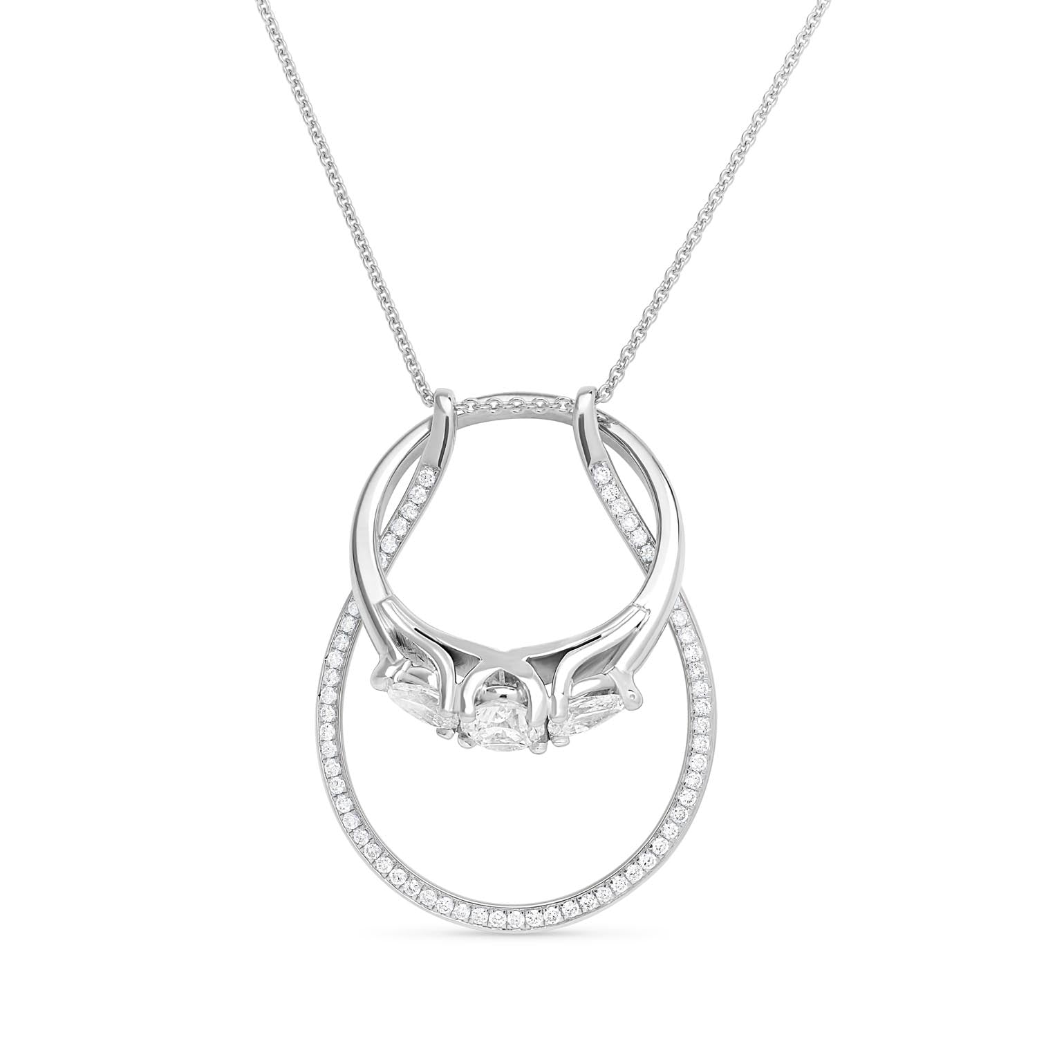 Faith Jewels 18k white gold ring holder necklace with 0.50ct natural diamonds, featuring a dual-length trace chain and functional pendant for securing a ring