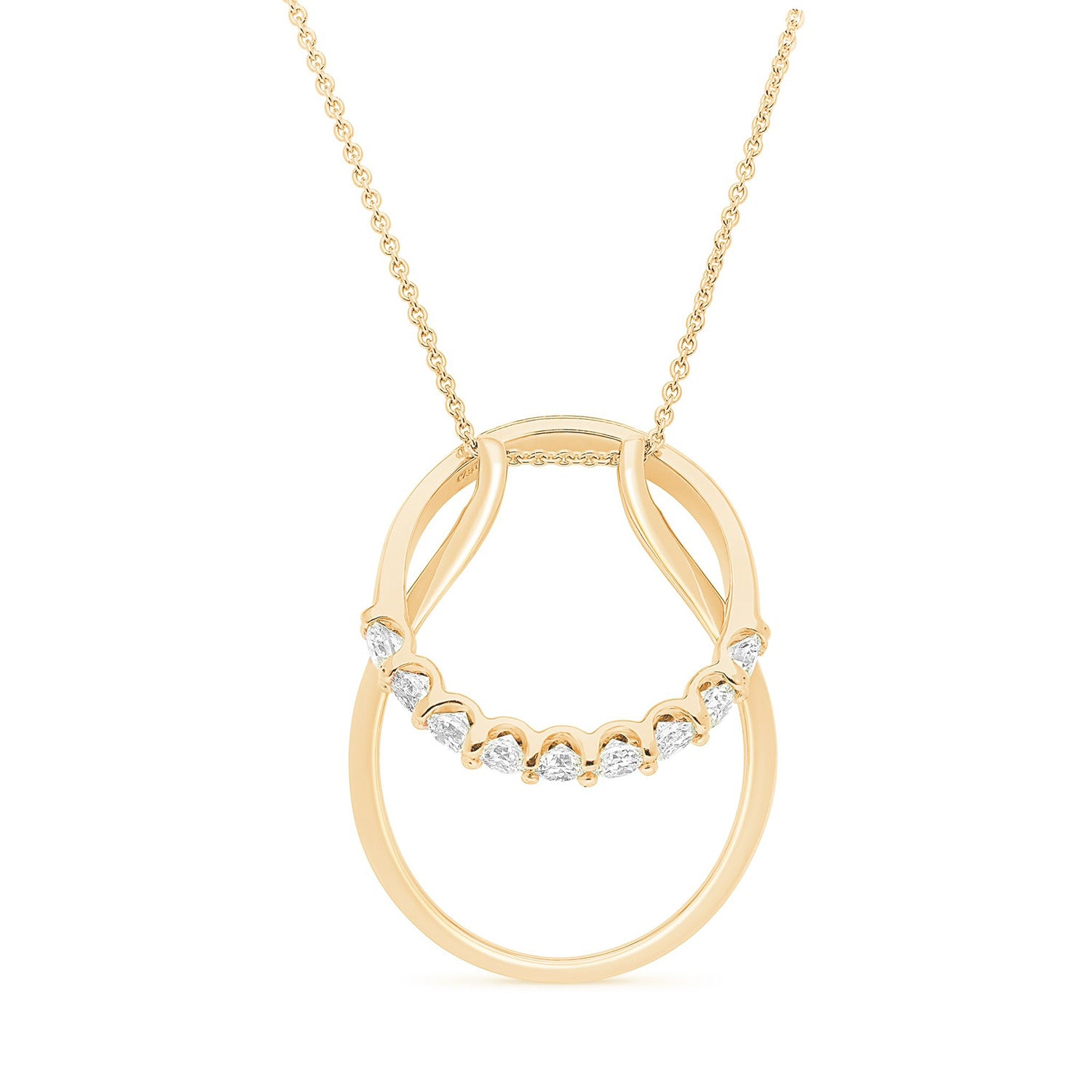 Faith Jewels 18k yellow gold ring holder necklace featuring a dual-length trace chain and functional pendant for securing a diamond engagement ring