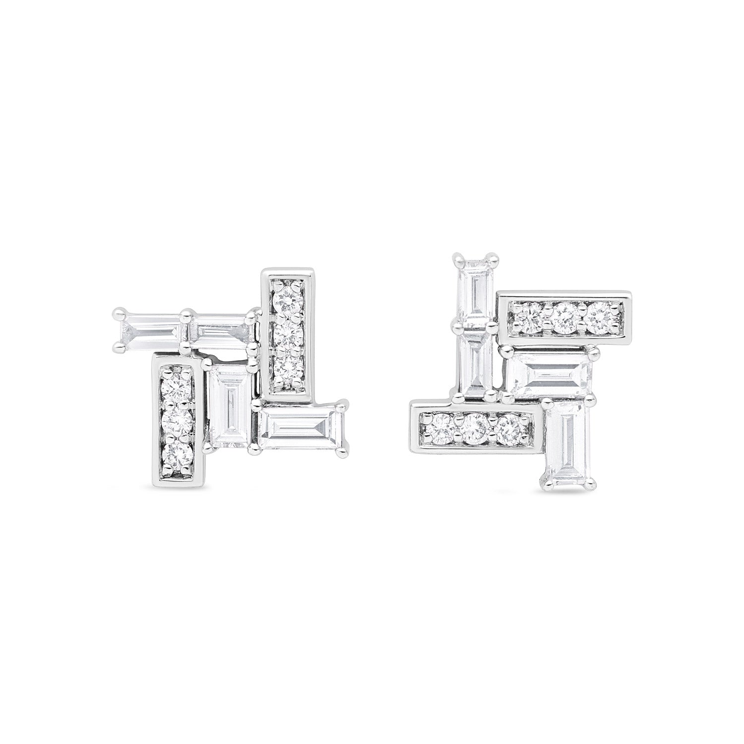 Faith Jewels Skyline Diamond Earrings featuring a geometric design with baguette and round-cut diamonds set in white gold