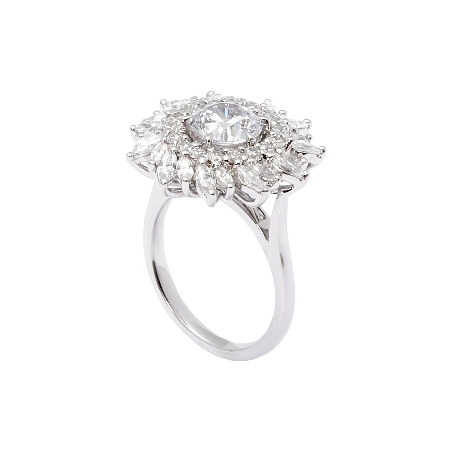 Sunburst Diamond Engagement Ring with a round-cut center diamond, surrounded by a pinwheel halo of round and marquise diamonds in 18k white gold