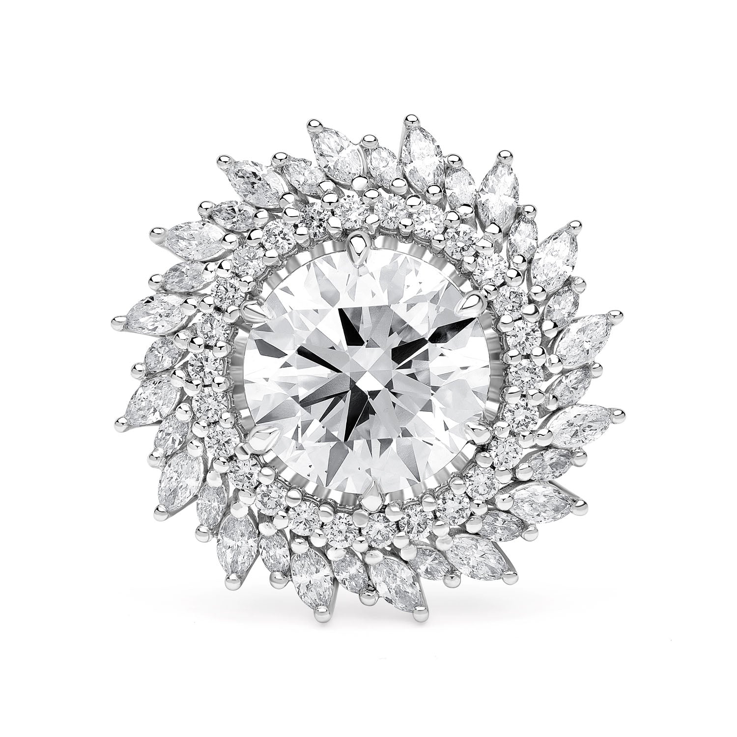 Sunburst Diamond Engagement Ring with a round-cut center diamond, surrounded by a pinwheel halo of round and marquise diamonds in 18k white gold