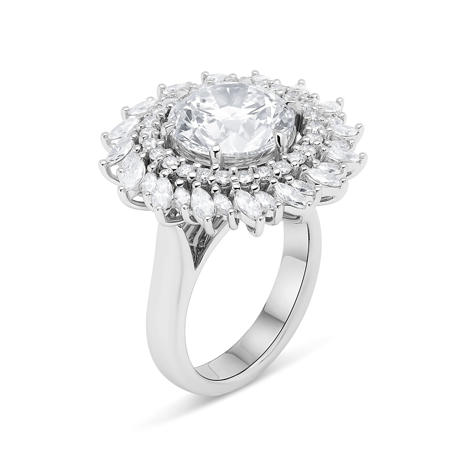 Sunburst Diamond Engagement Ring with a round-cut center diamond, surrounded by a pinwheel halo of round and marquise diamonds in 18k white gold