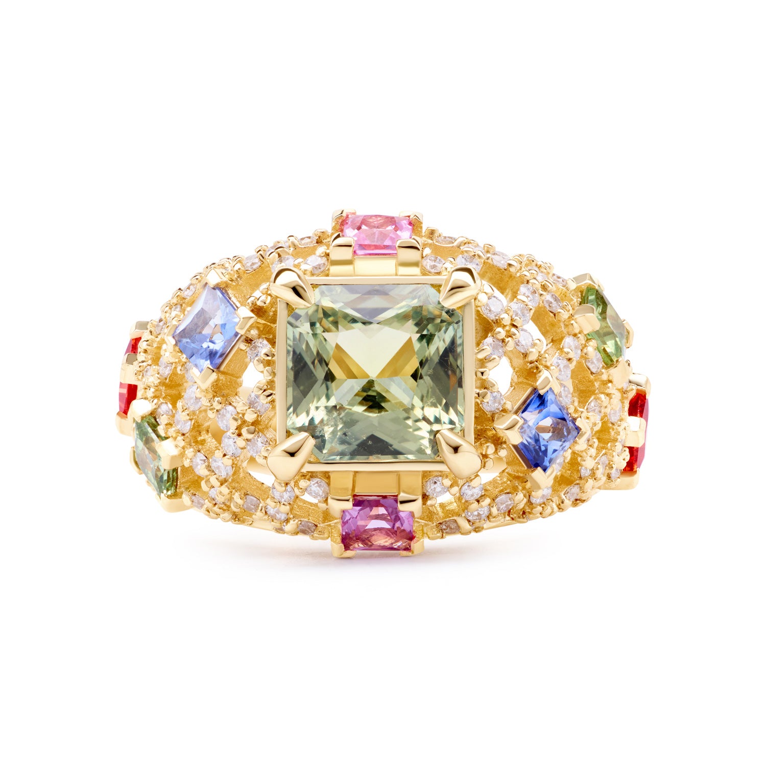 Statement dome gold ring featuring pink, blue, orange, and green gemstones with sparkling diamonds, bold and colourful design.