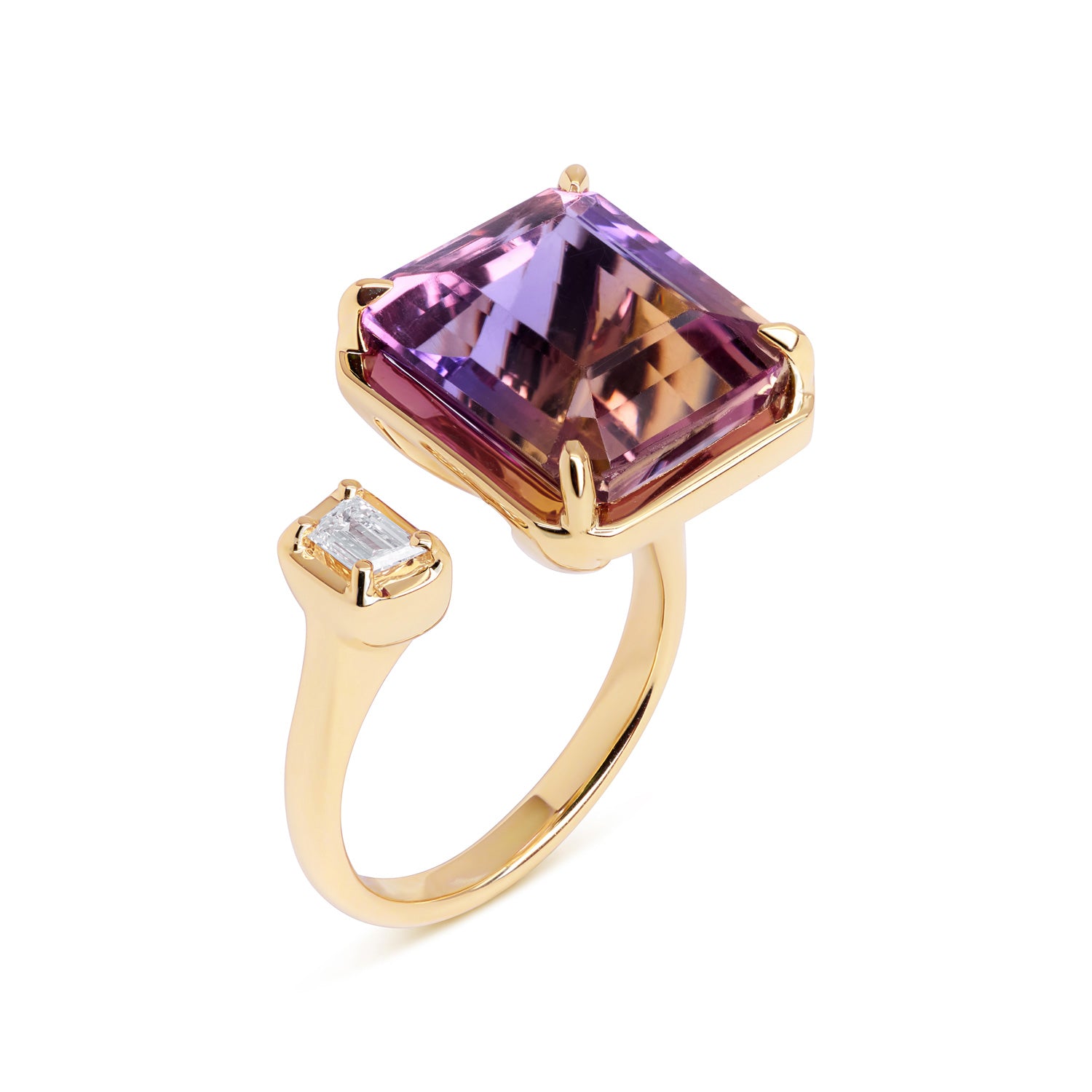 Unique Toi et Moi Ametrine Ring in yellow gold with emerald-cut ametrine and trapeze diamond.