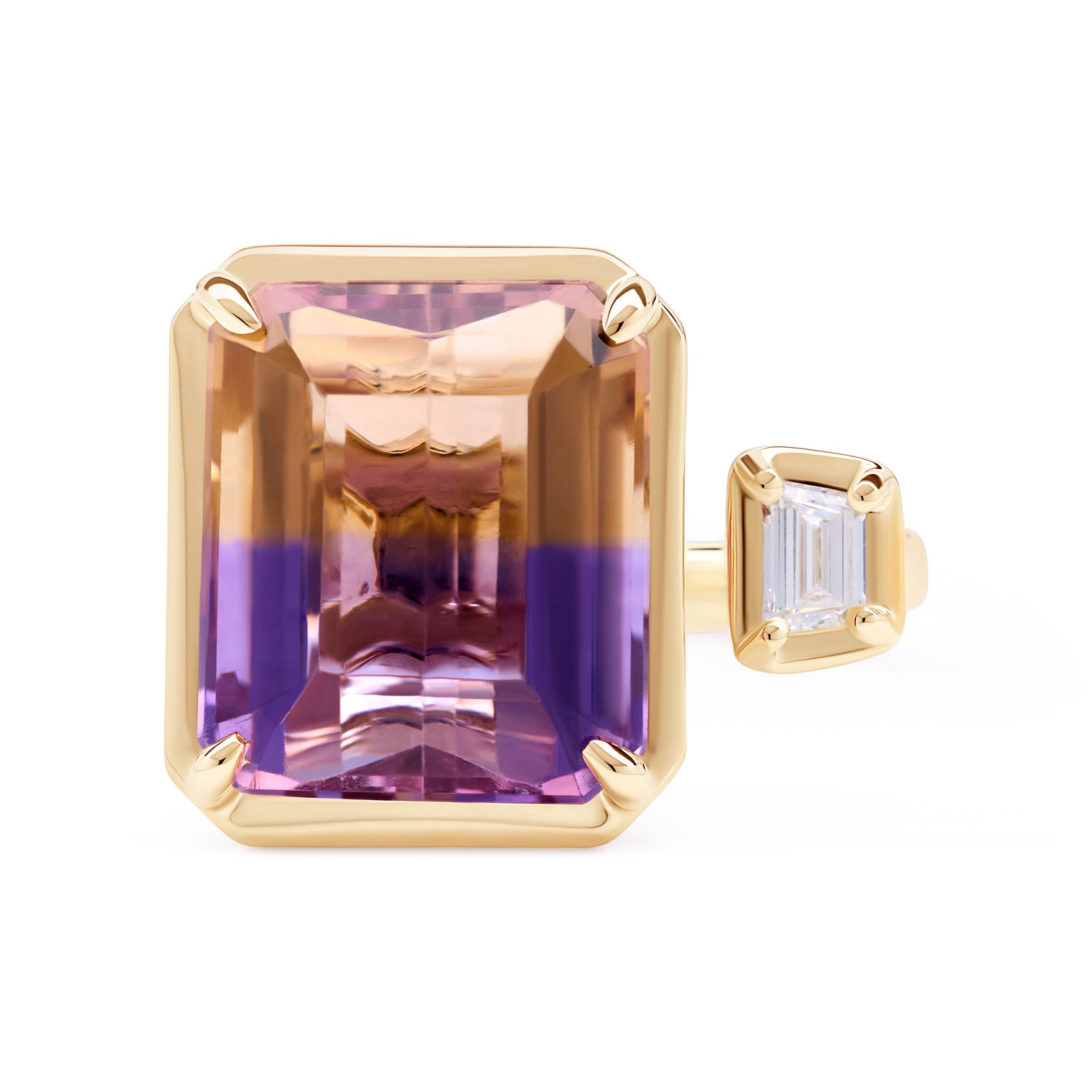 Unique Toi et Moi Ametrine Ring in yellow gold with emerald-cut ametrine and trapeze diamond.