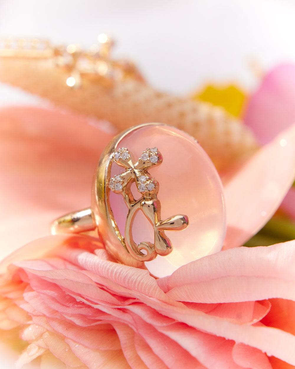 Dome Rose Quartz and Diamond Ring in 9k yellow gold with 15ct rose quartz and 0.05ct diamond accents