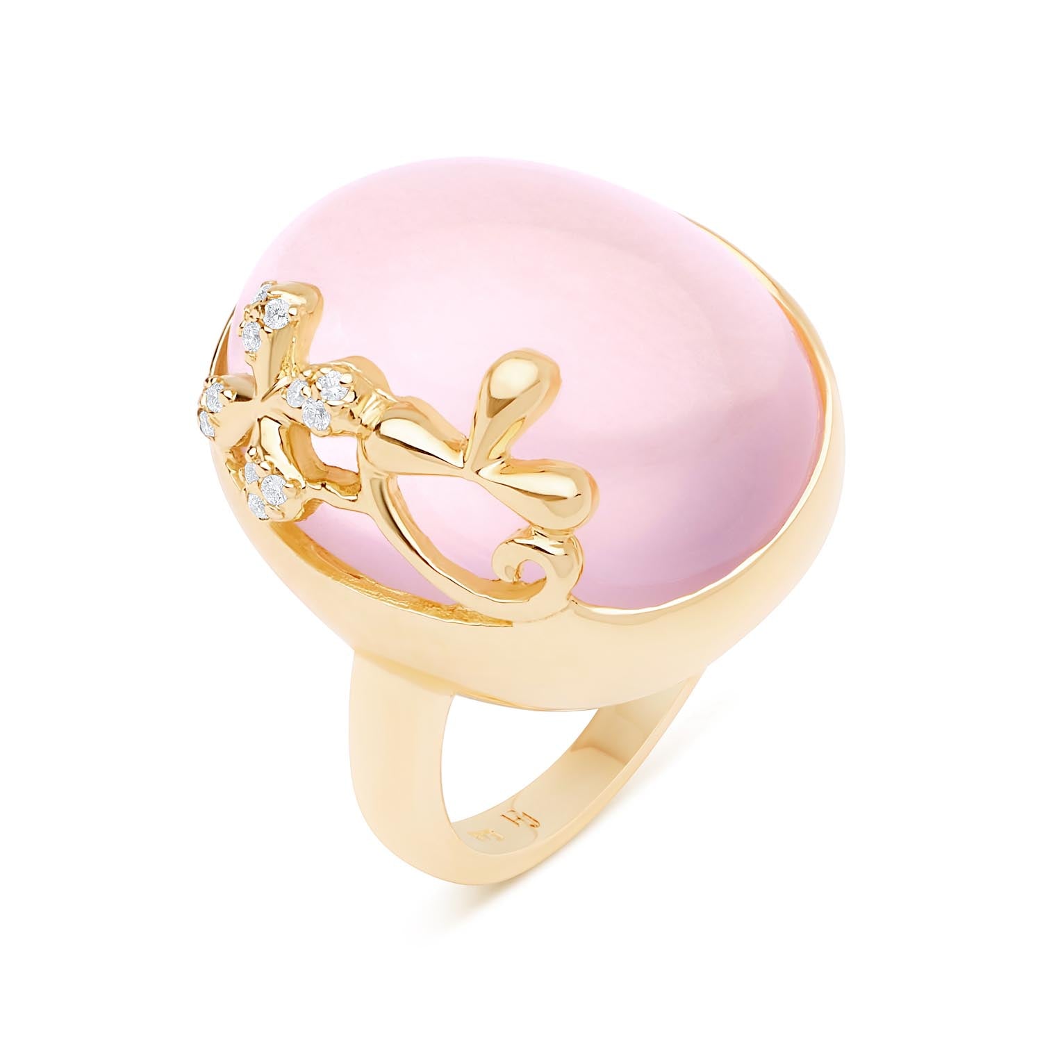 Dome Rose Quartz and Diamond Ring in 9k yellow gold with 15ct rose quartz and 0.05ct diamond accents