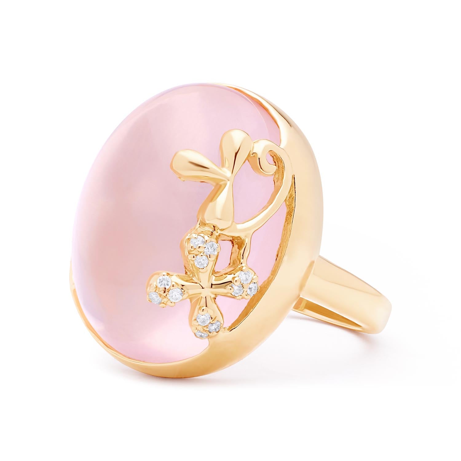 Dome Rose Quartz and Diamond Ring in 9k yellow gold with 15ct rose quartz and 0.05ct diamond accents