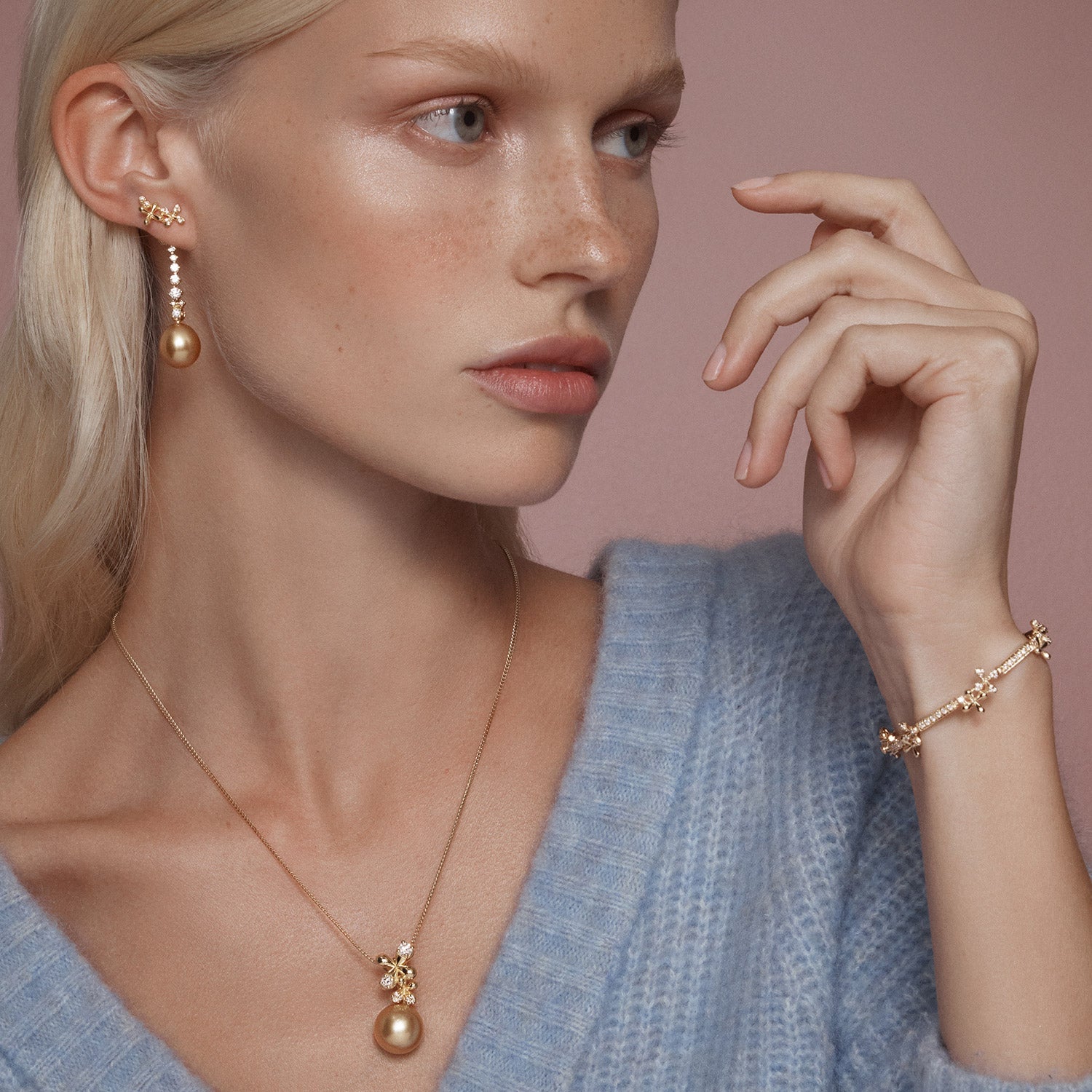 Wildflowers Full Diamond Bracelet in 18k yellow gold with 1.00ct over 100 round brilliant diamonds and floral motifs, worn on model with Wildflowers collection.