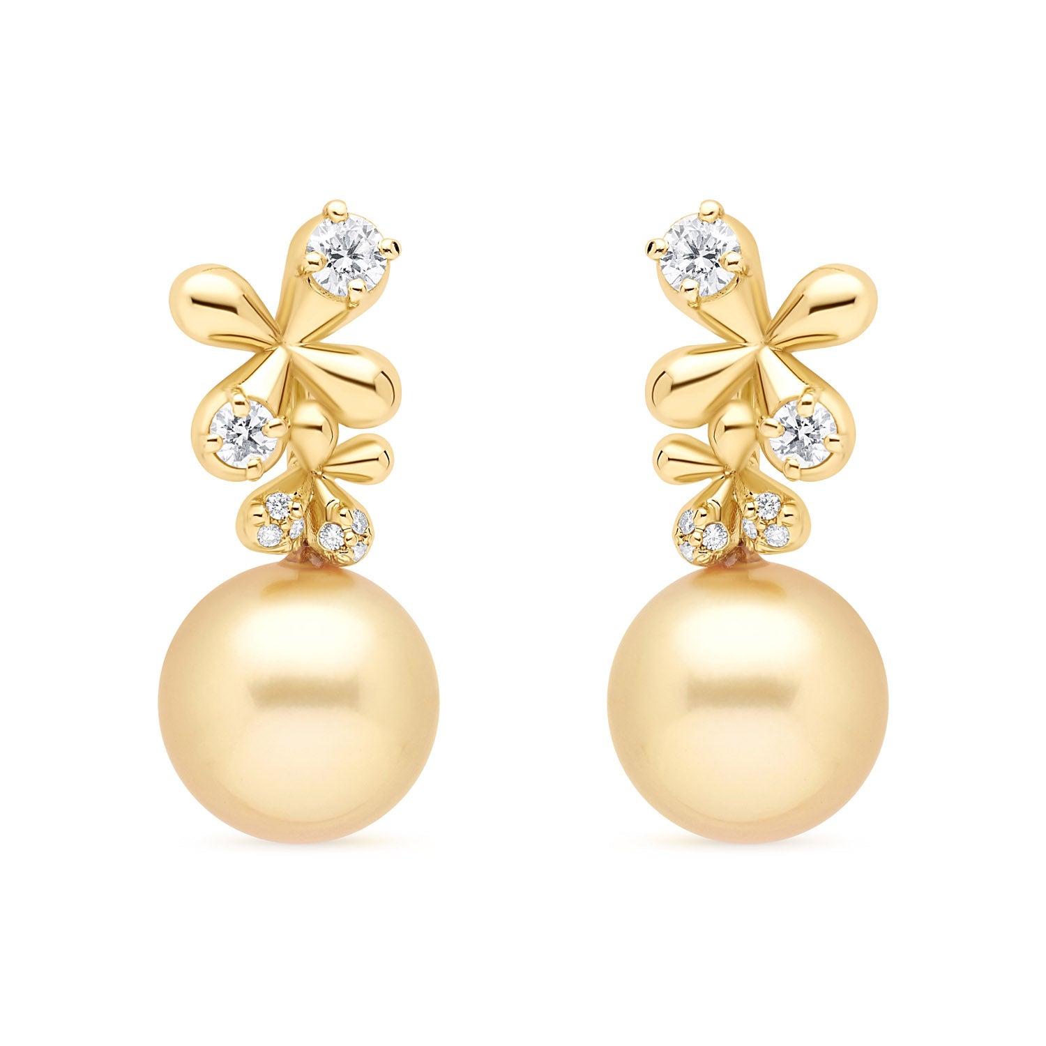 Diamond South Sea Pearl Earrings in 18k yellow gold with 0.92ct diamonds, floral motifs, and golden South Sea pearls