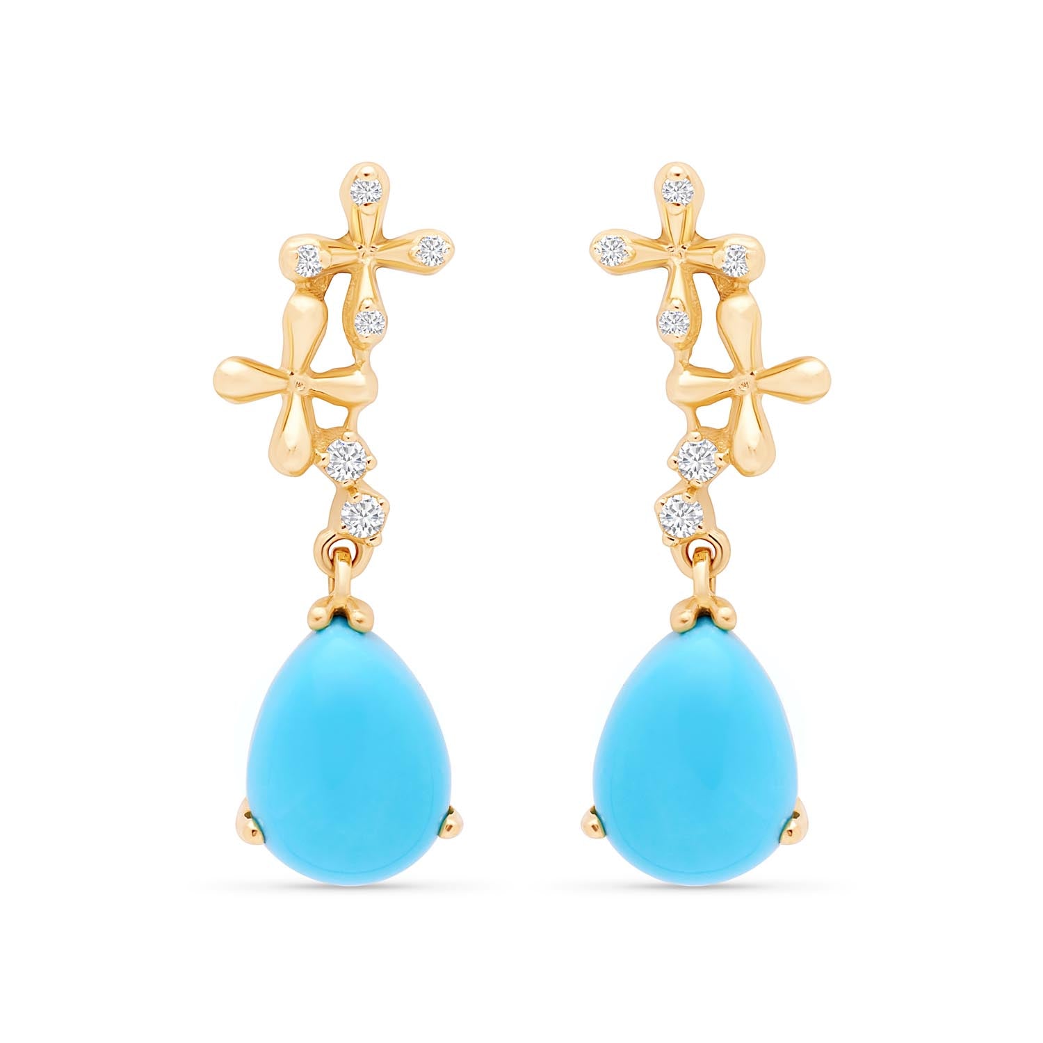Turquoise Diamond Drop Earrings in 18k yellow gold with vivid blue turquoise drops and 0.30ct diamonds