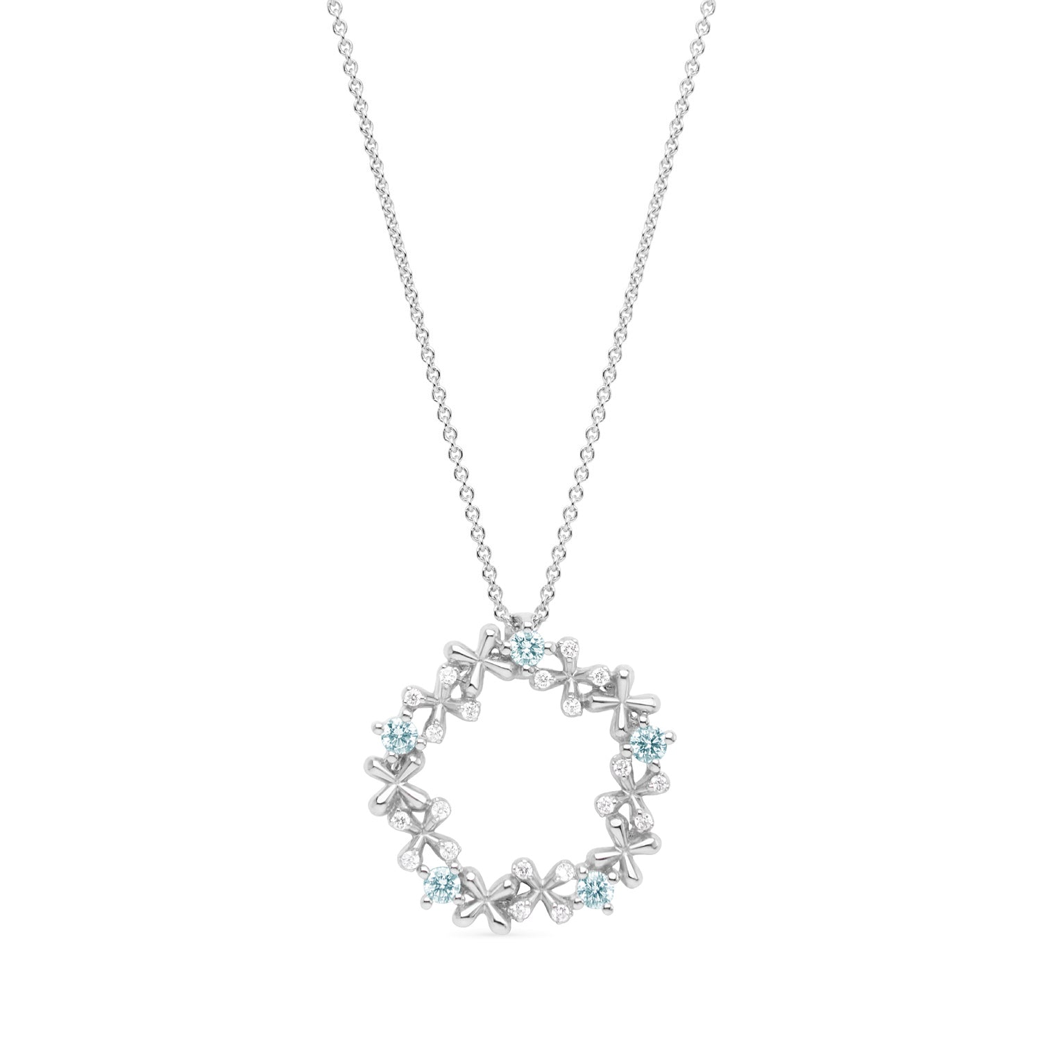 Mini Diamond and Aquamarine Wreath Pendant in 18k white gold with 0.35ct diamonds and 0.60ct aquamarines