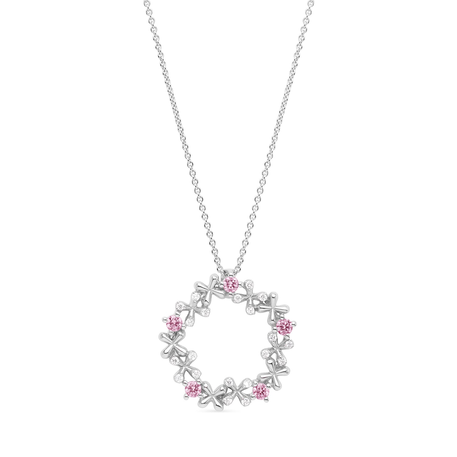 Faith Jewels White gold wreath pendant with diamonds and pink sapphires in a floral circular design, on a 45cm chain.