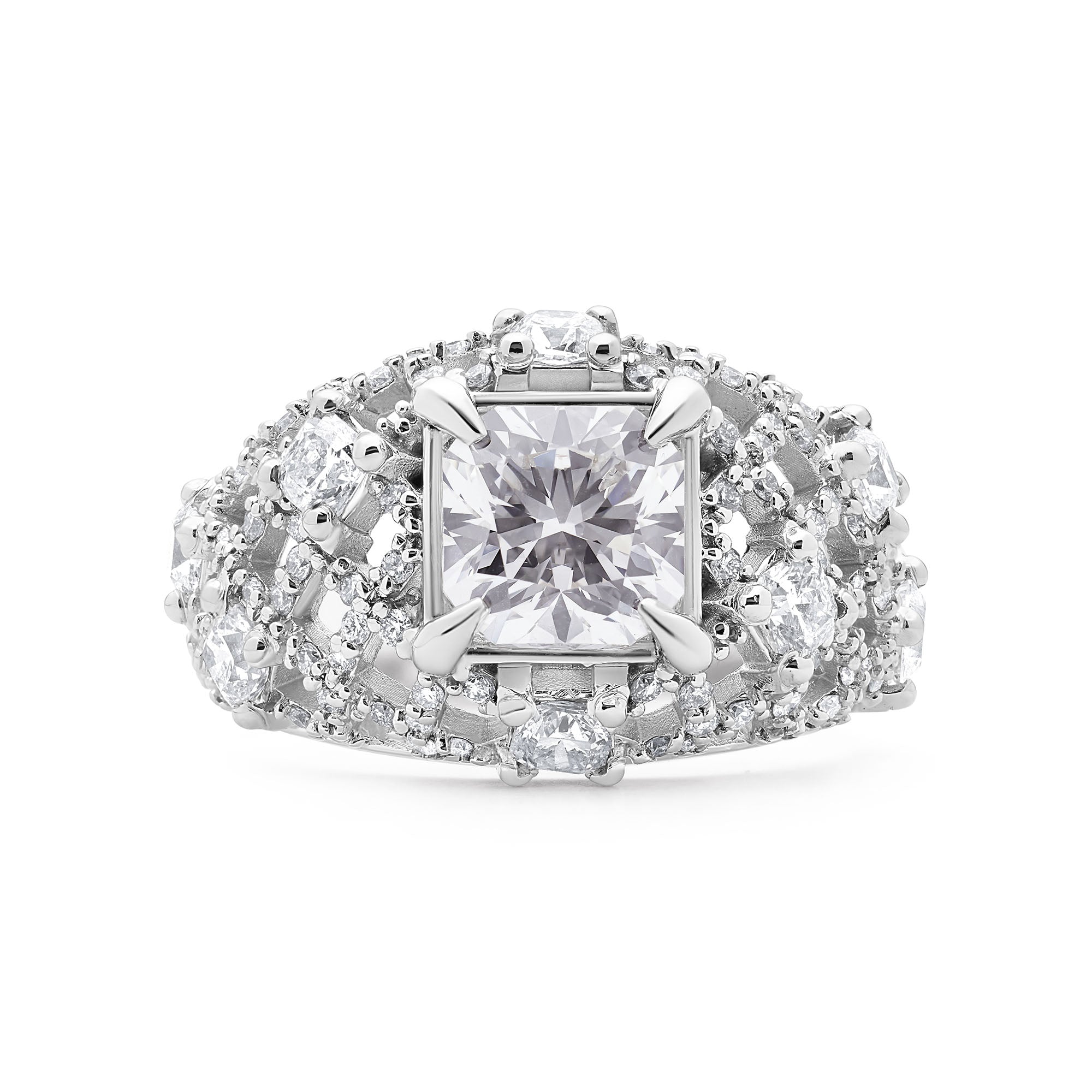 Faith Jewels White gold Pantheon Ring with a 2ct cushion-cut diamond center, surrounded by princess and round diamonds in an intricate lattice design.