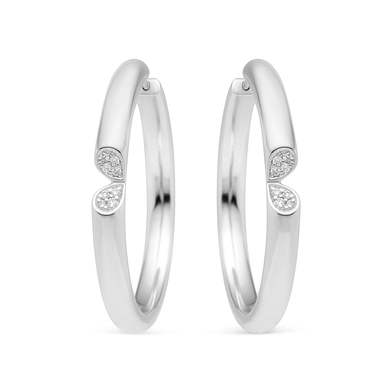 Faith Jewels curved 9k white gold hoop earrings with pavé-set diamonds and heart-shaped petal details