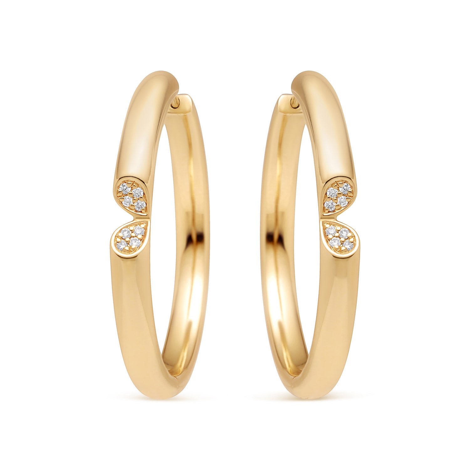 Faith Jewels curved 9k yellow gold hoop earrings with pavé-set diamonds and heart-shaped petal details