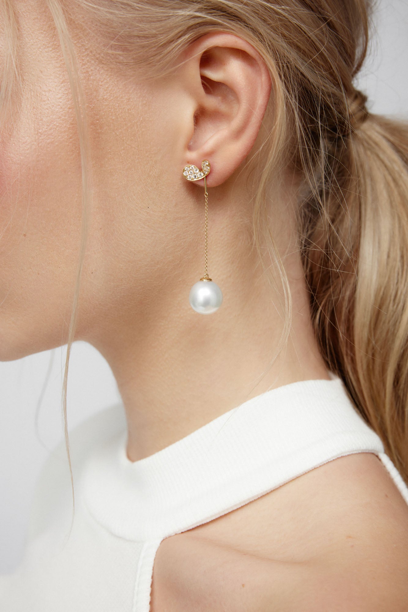 Faith Jewels south Sea pearl drop enhancers on delicate 18k yellow gold chains, paired with stud earrings