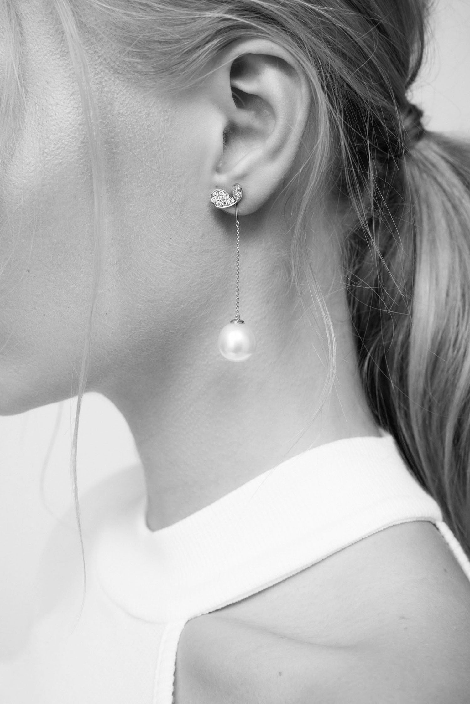Faith Jewels south Sea pearl drop enhancers on delicate 18k white gold chains, paired with stud earrings