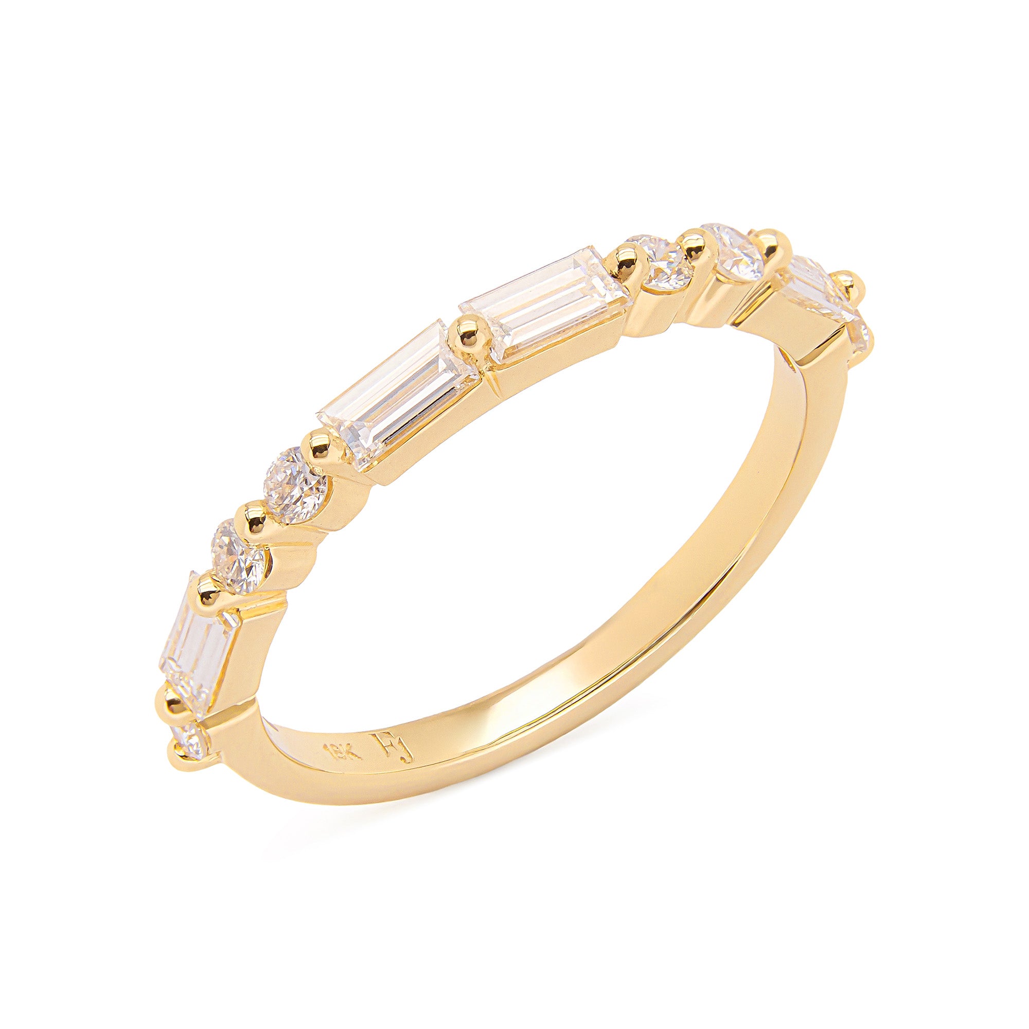Faith Jewels 18k Yellow gold ring with round and baguette diamonds spelling “LOVE” in Morse code.