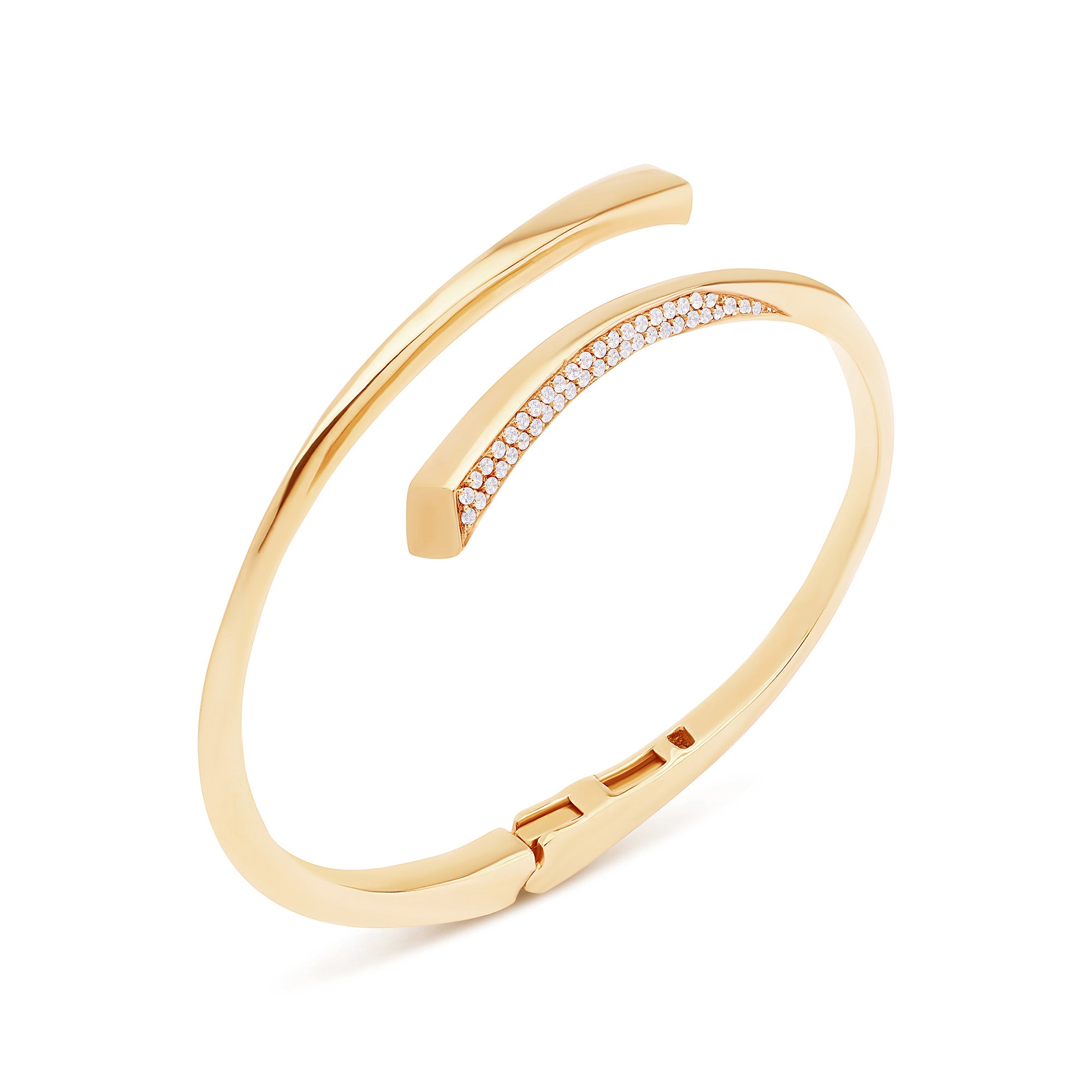 Yellow gold bangle in twist design with pave diamonds.
