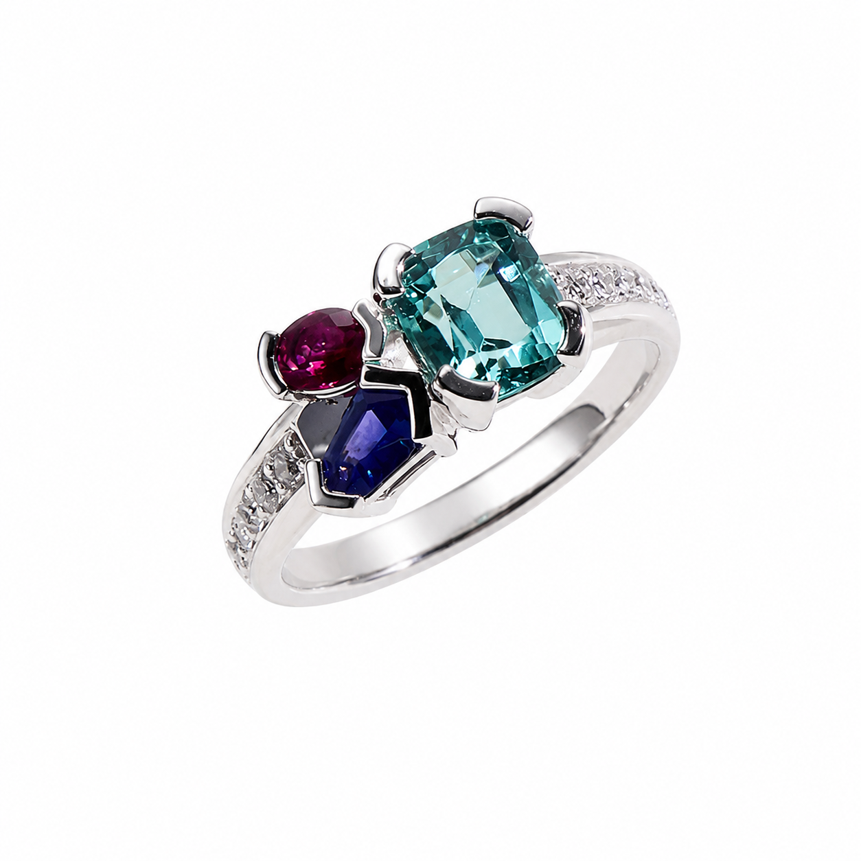 Kelly Bouquet ring featuring a harmonious arrangement of Paraiba tourmaline, blue sapphire and diamonds, this ring evokes the beauty of a vibrant floral bouquet set in white gold.