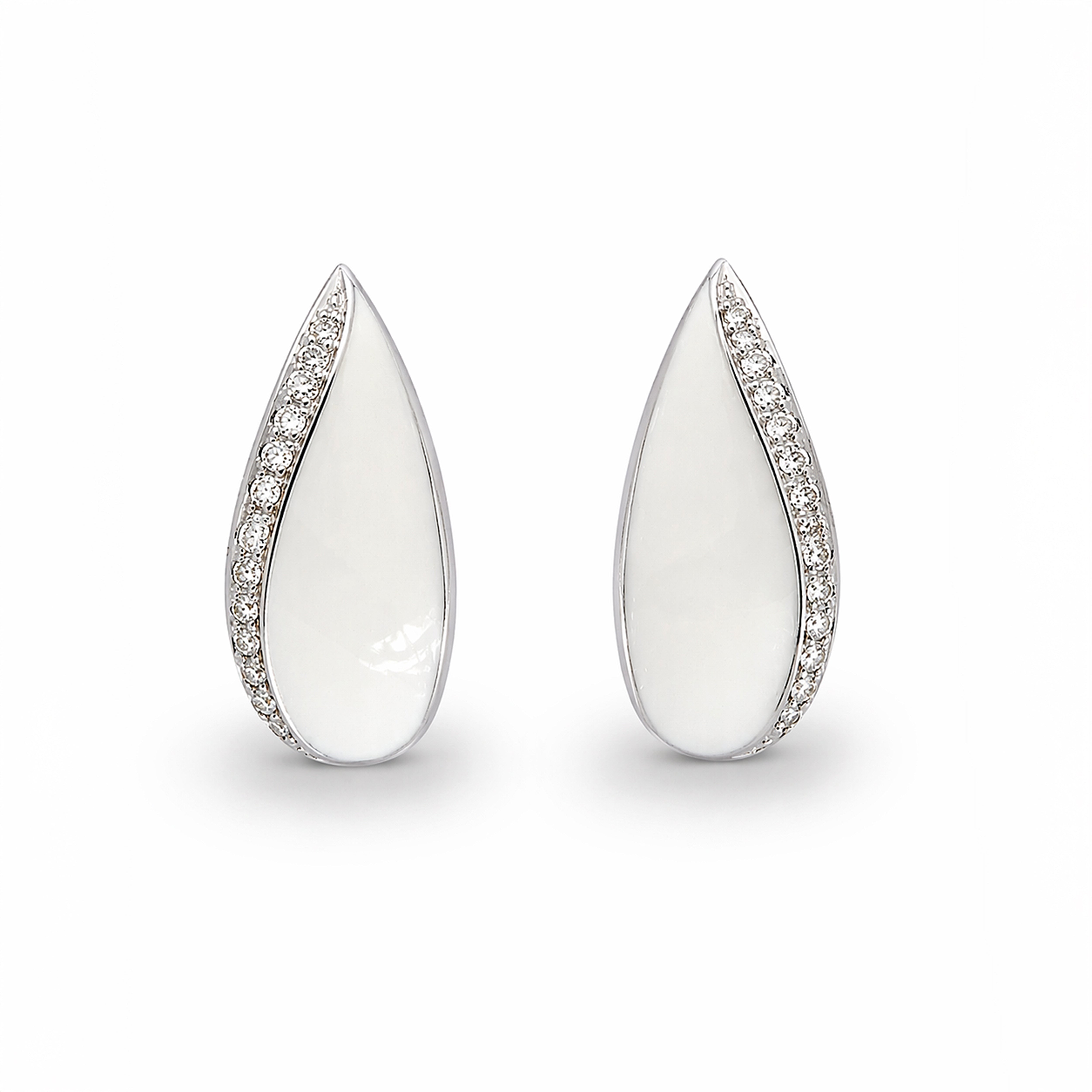 Kelly Chan white enamel teardrop earrings with diamond edge detail in white gold, by Faith Jewels