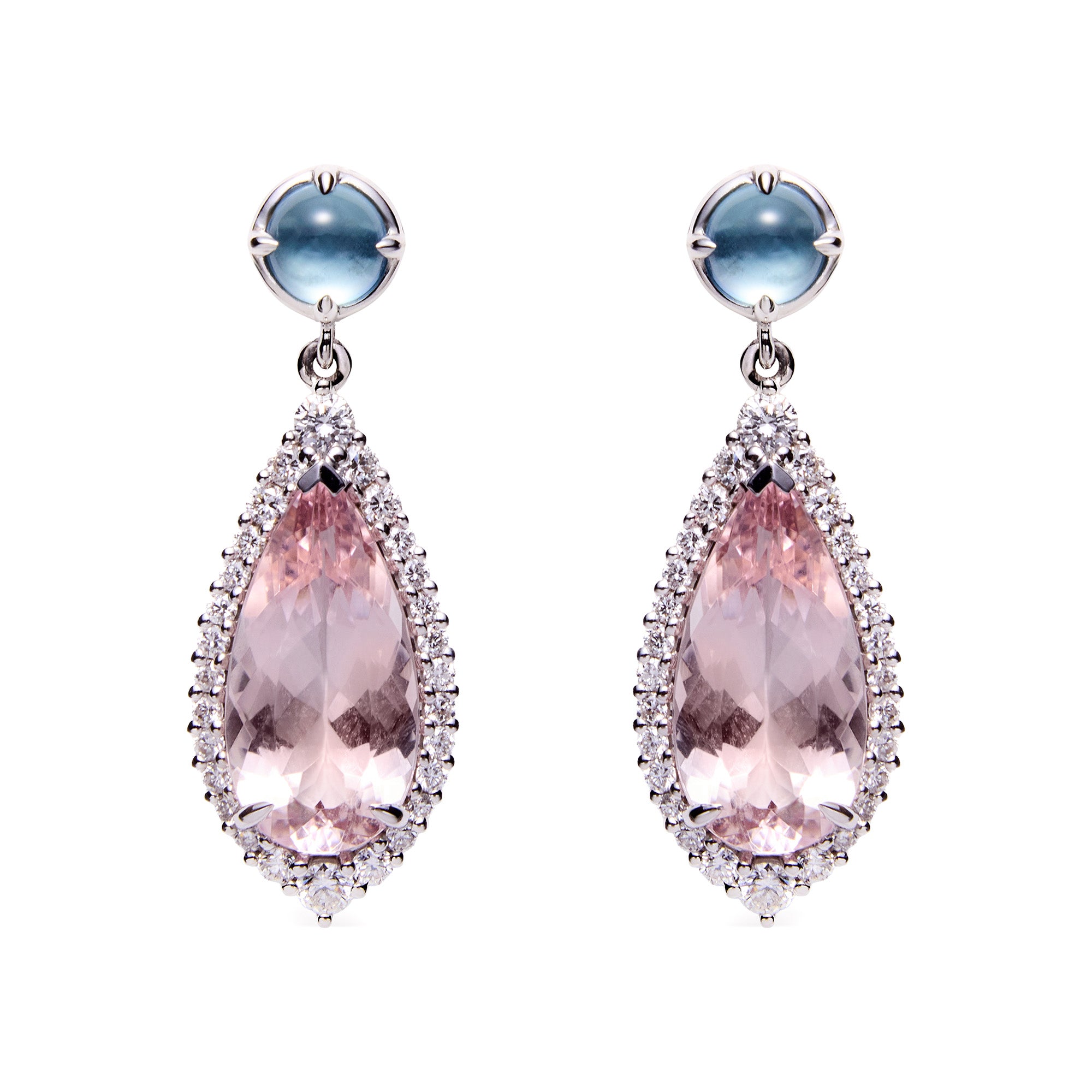 White gold earrings featuring aquamarine cabochons, morganite drops, and diamond halo
