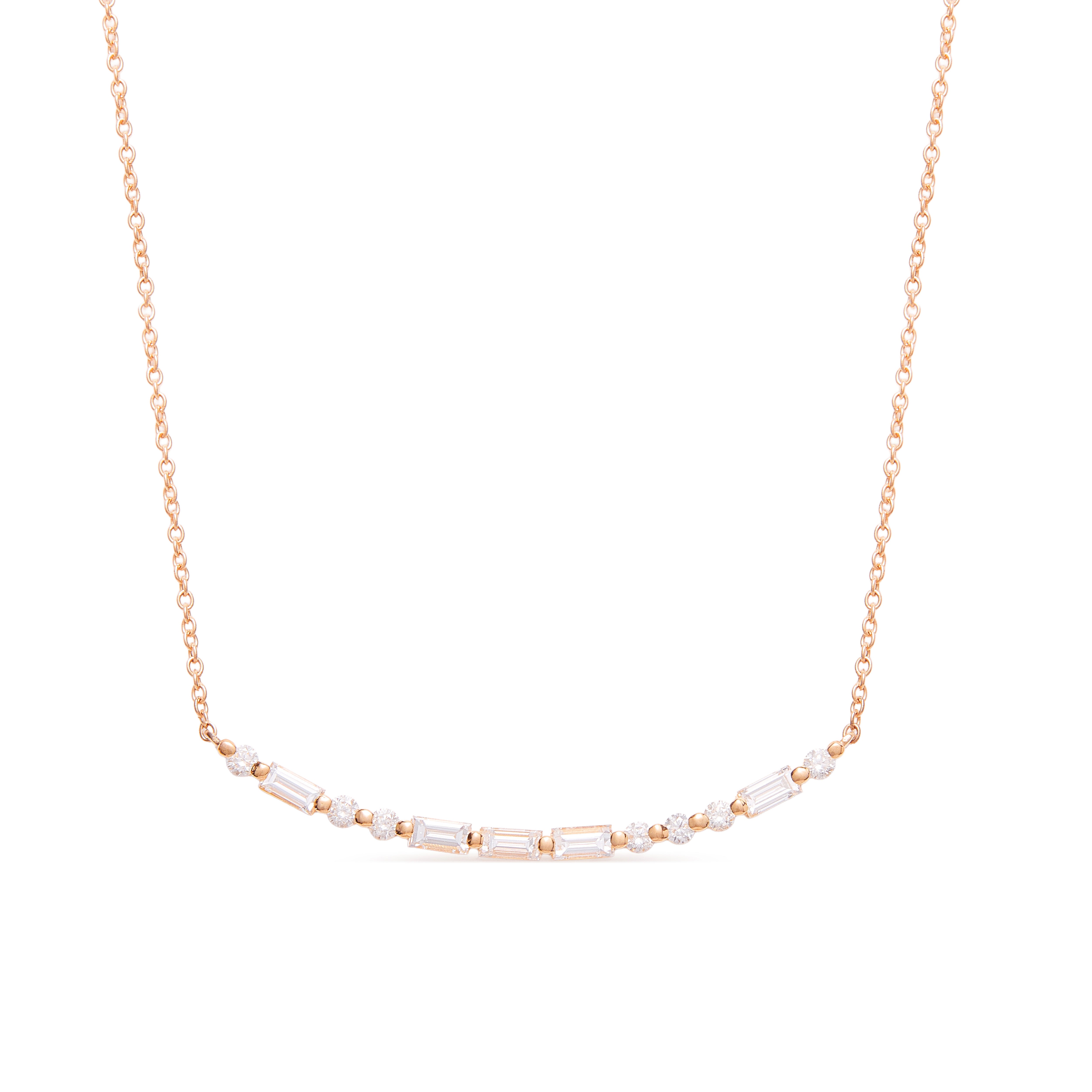 LOVE Diamond Bar Necklace in 18k rose gold with 0.80ct round and baguette diamonds in Morse code design.