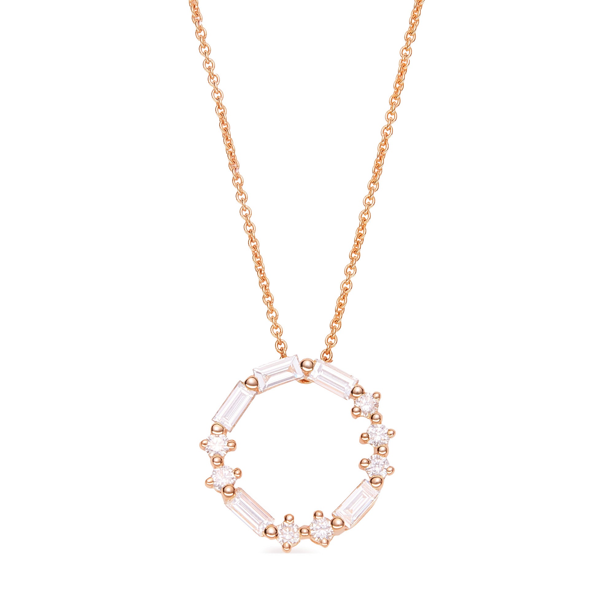 Circle of LOVE Diamond Pendant in 18k rose gold with 0.80ct round and baguette diamonds in Morse code design.