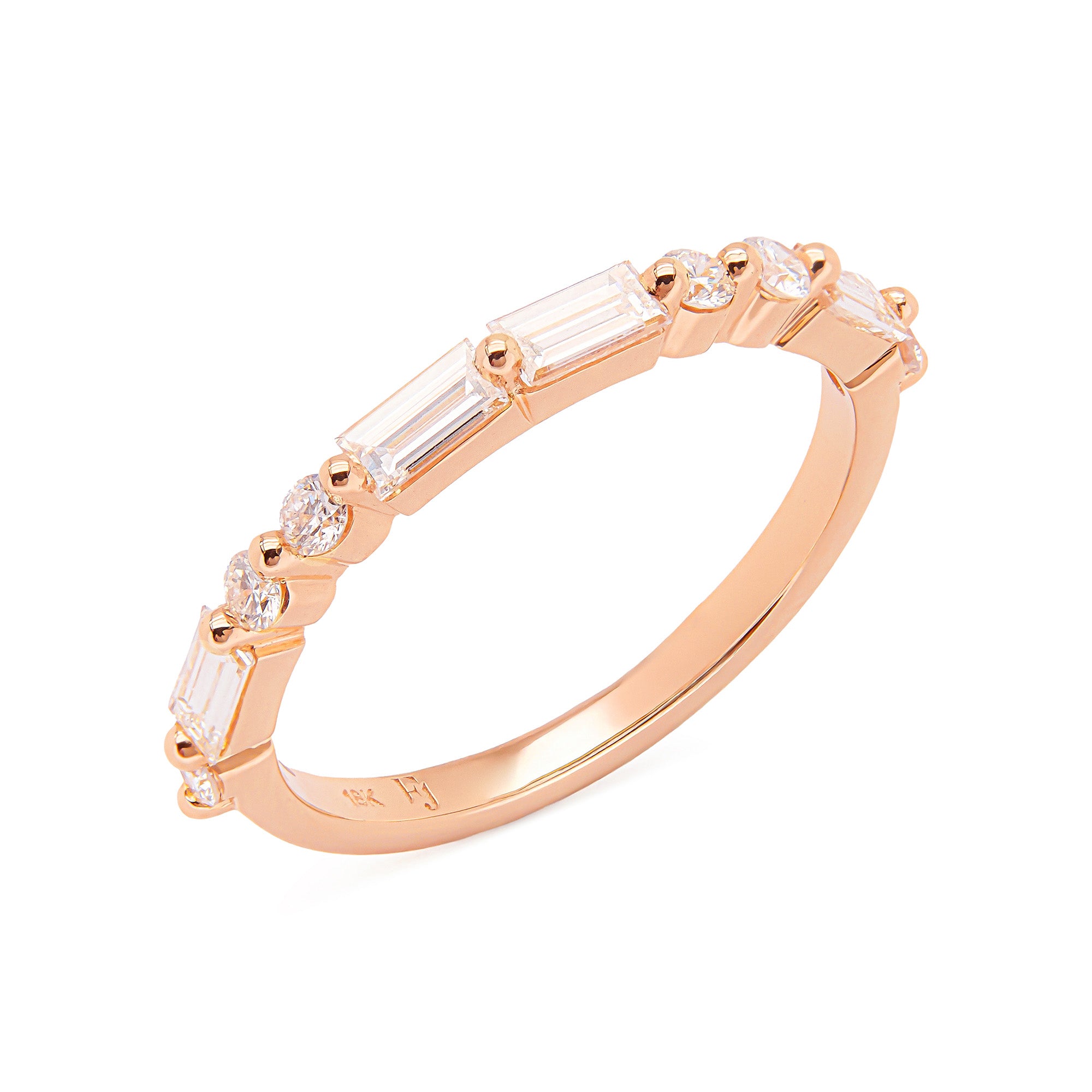  LOVE Diamond Ring in 18k rose gold with 0.80ct round and baguette diamonds in Morse code design.