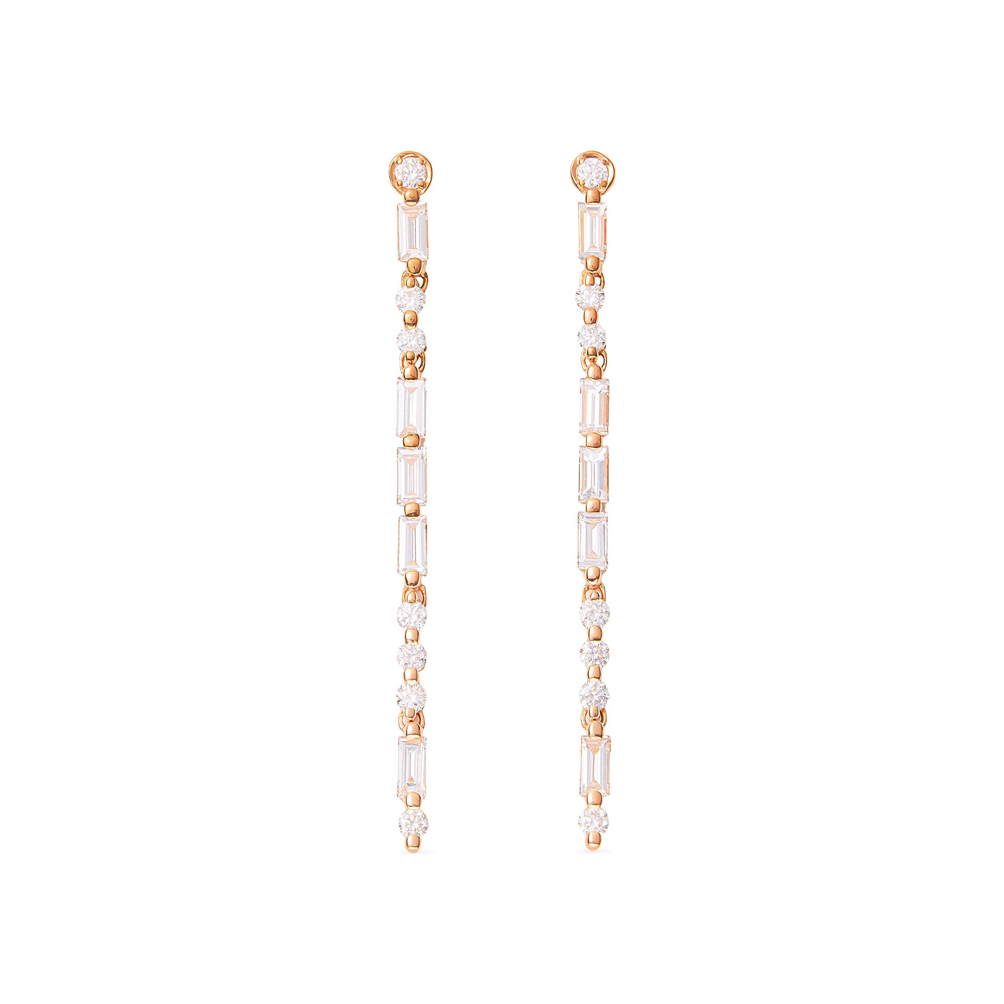 LOVE Diamond Drop Earrings in 18k rose gold with 1.60ct round and baguette diamonds in Morse code design.