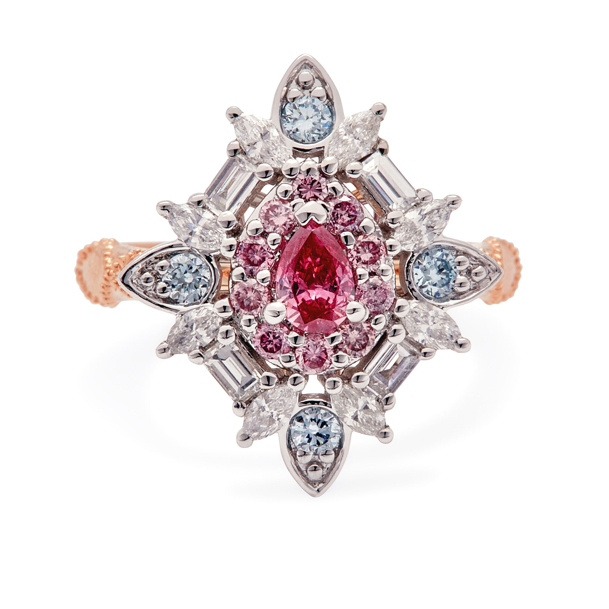 Emzo Kaleidoscope Ring with 1P pink Argyle diamond, blue and white diamonds in geometric floral design.