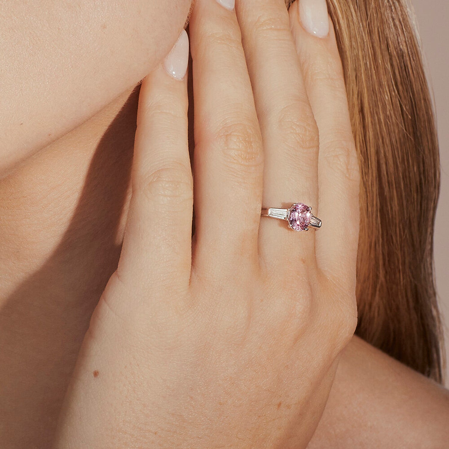 Elegant Pink Spinel Ring with 0.90 carat spinel and tapered baguette diamond accents in 18k white gold