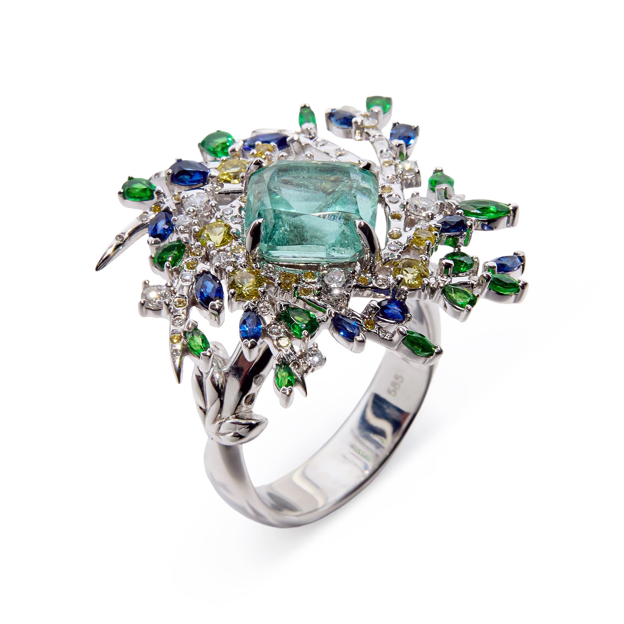 Secret garden-inspired paraiba tourmaline ring with diamonds and natural sapphires