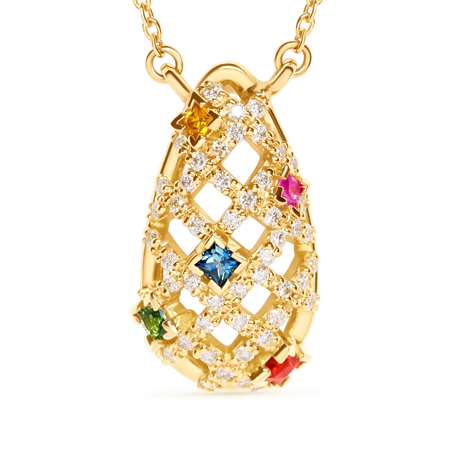 Yellow gold necklace with a teardrop-shaped pendant featuring colourful sapphire gemstones and diamonds on a white background