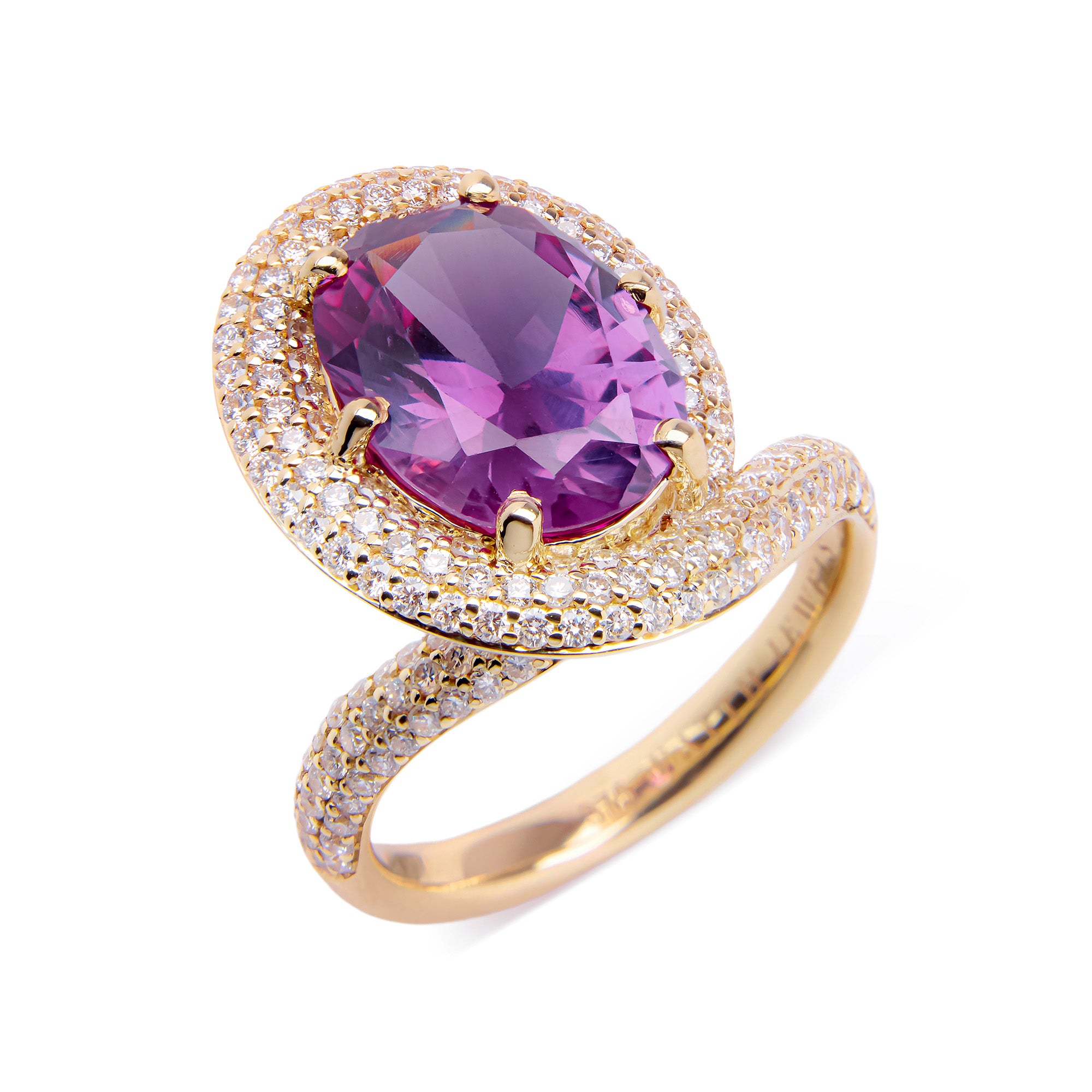 Suzi Ring in yellow gold with heirloom pink-purple gemstone and diamond accents, bespoke sculptural statement design.