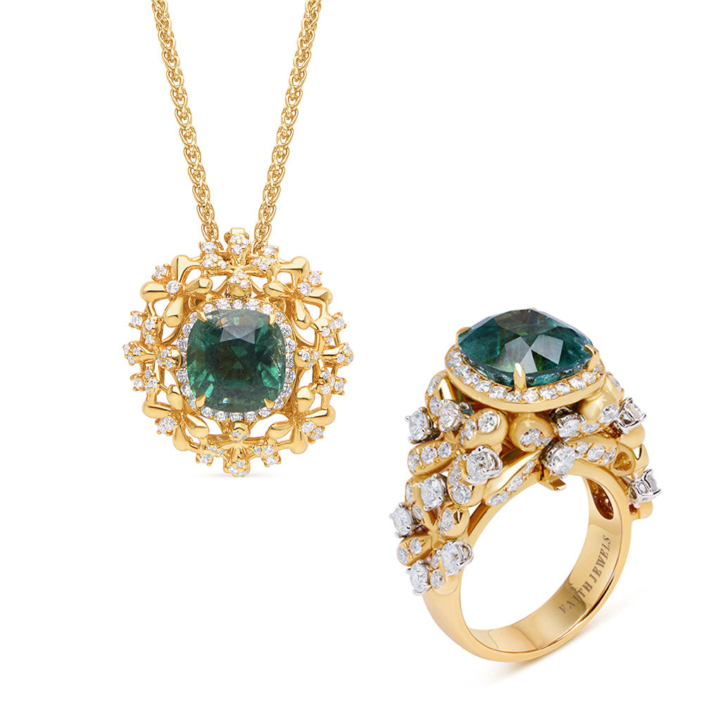 Yellow gold Grandiflora ring and pendant set with a detachable 4.57 ct blue-green tourmaline, white diamond floral wreath pendant on a 45cm chain